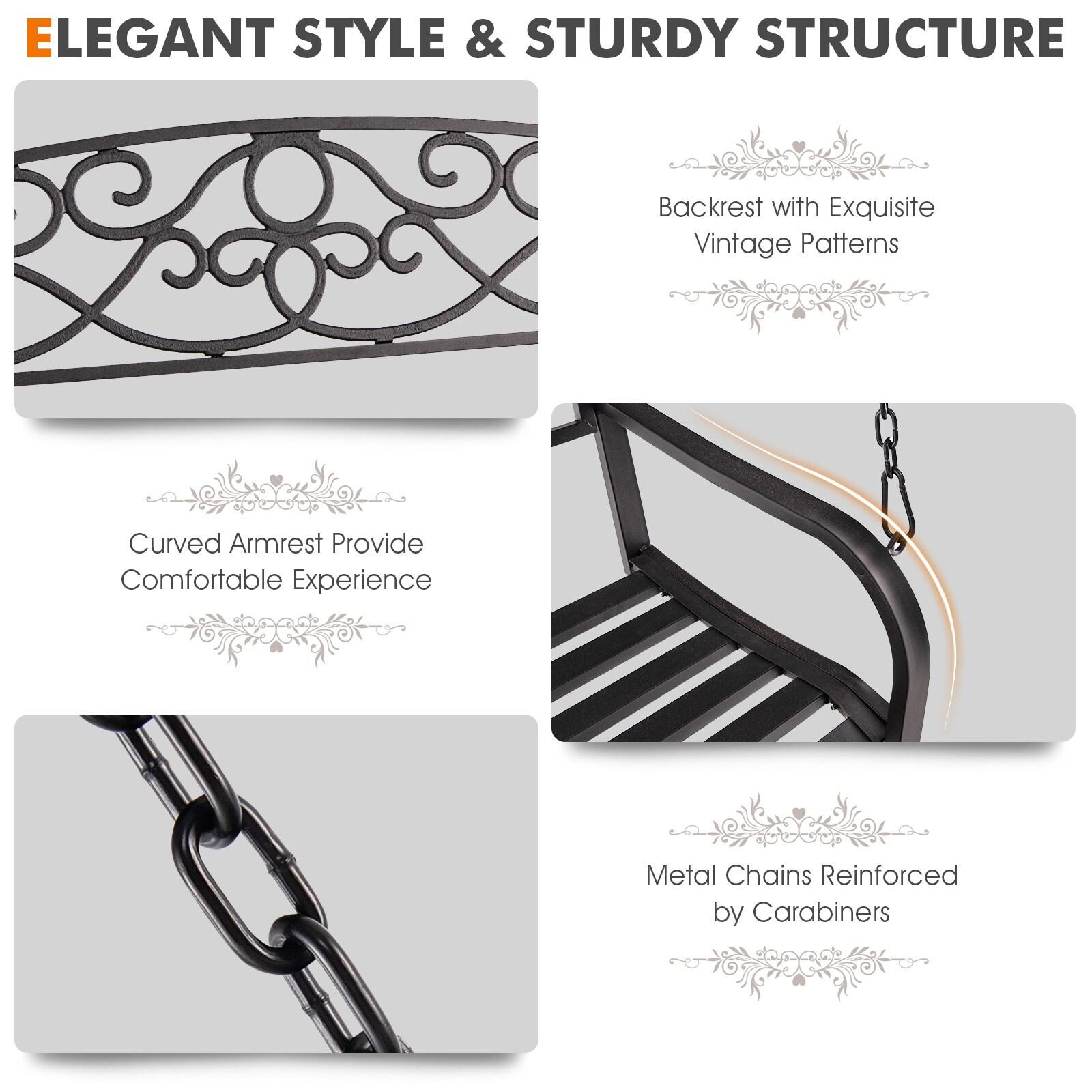 Resenkos Porch Swing, 2-Person Outdoor Porch Metal Hanging Swing Chair with Sturdy Chains-Brown, Hanging Outdoor Porch Swings for Garden, Backyard