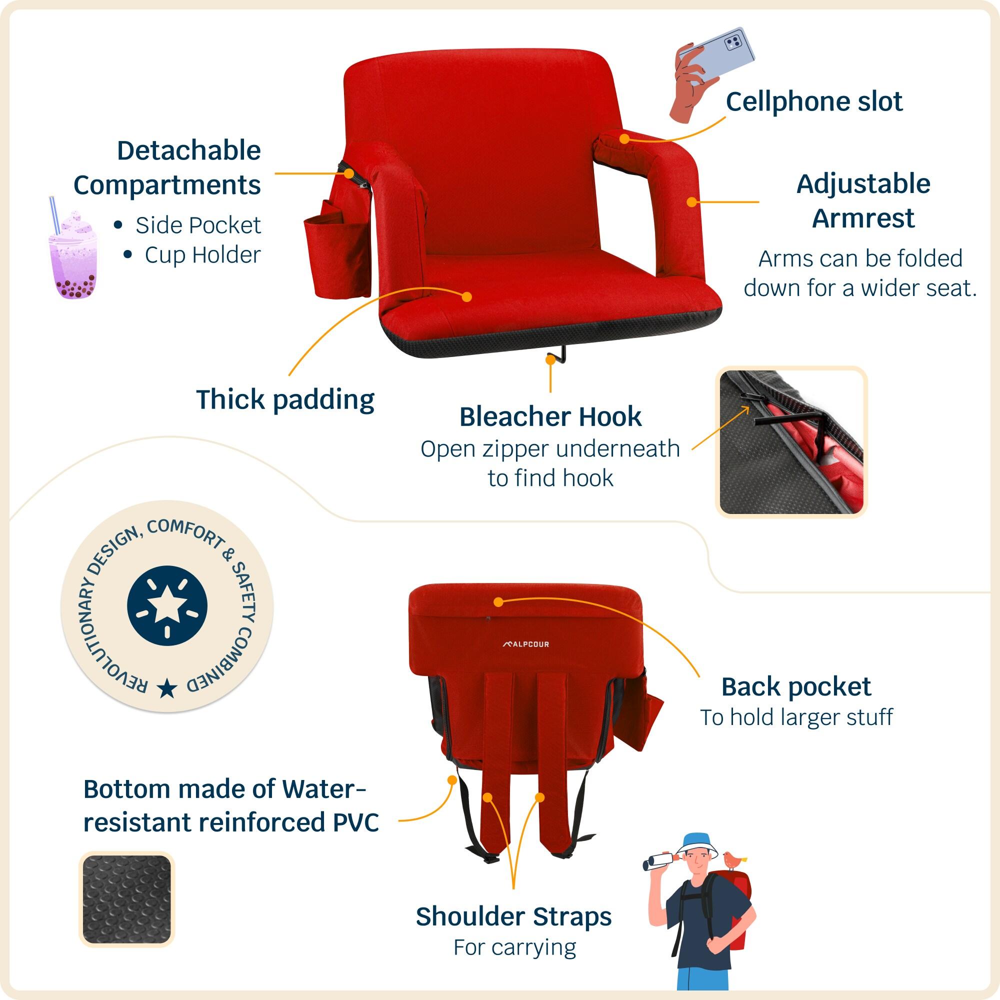 Alpcour Extra-Wide Reclining Stadium Seat with Armrests - 25" Red