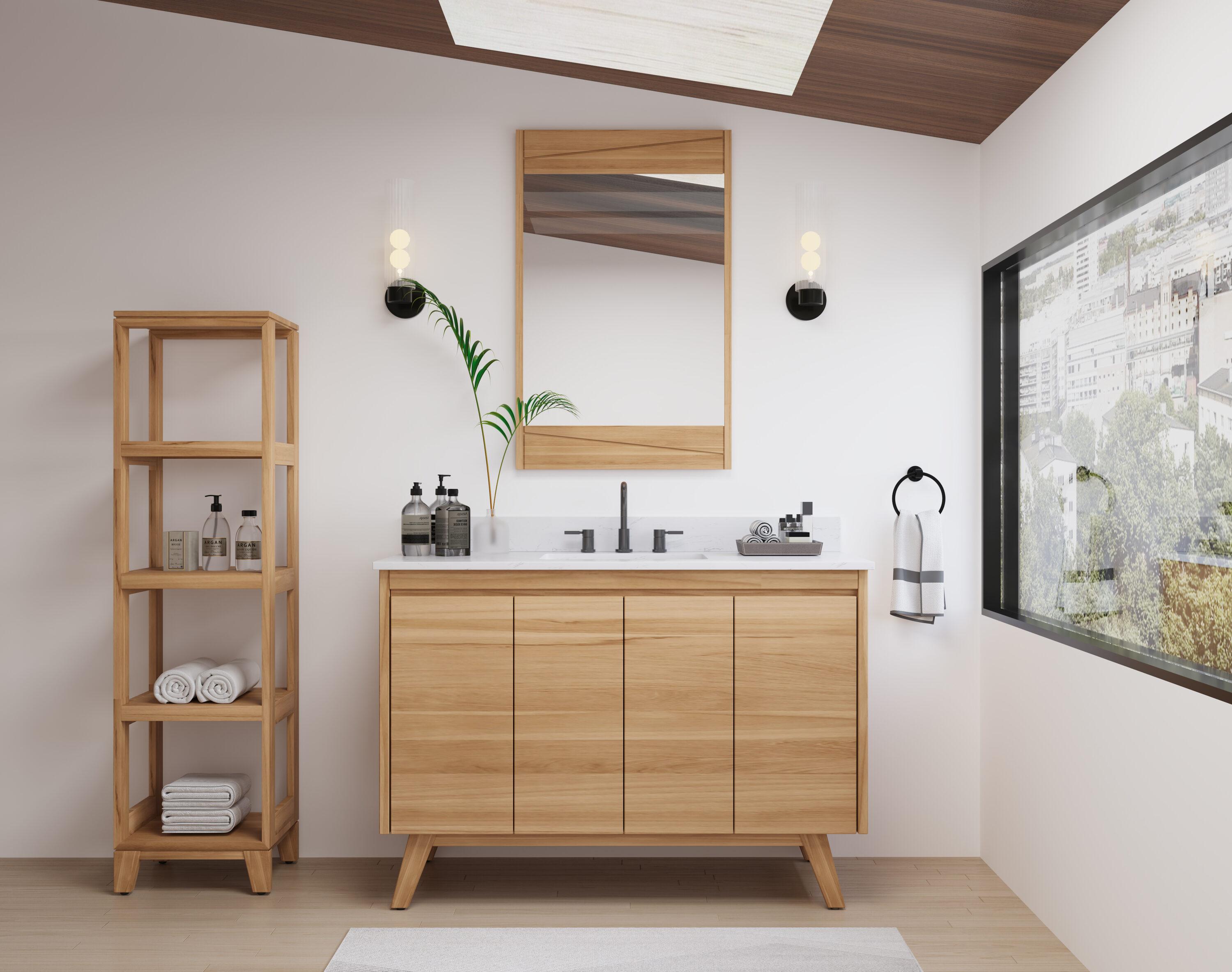 Coventry 49 in. Single Sink Bath Vanity in Natural Teak with Cala White Engineered Stone Top