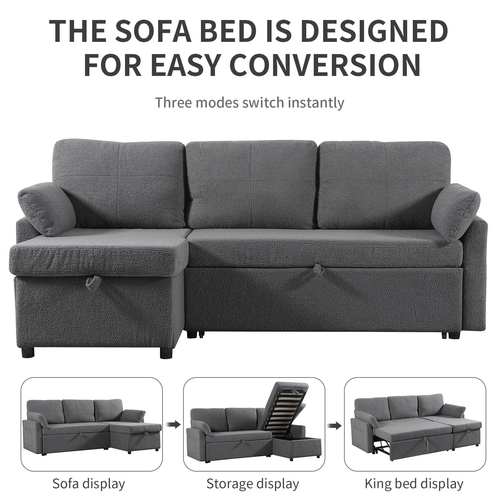 84.2" Sleeper Sofa Bed,Pull Out Sofa Bed with Storage Chaise L Shape Sectional Sofa Bed in Gray