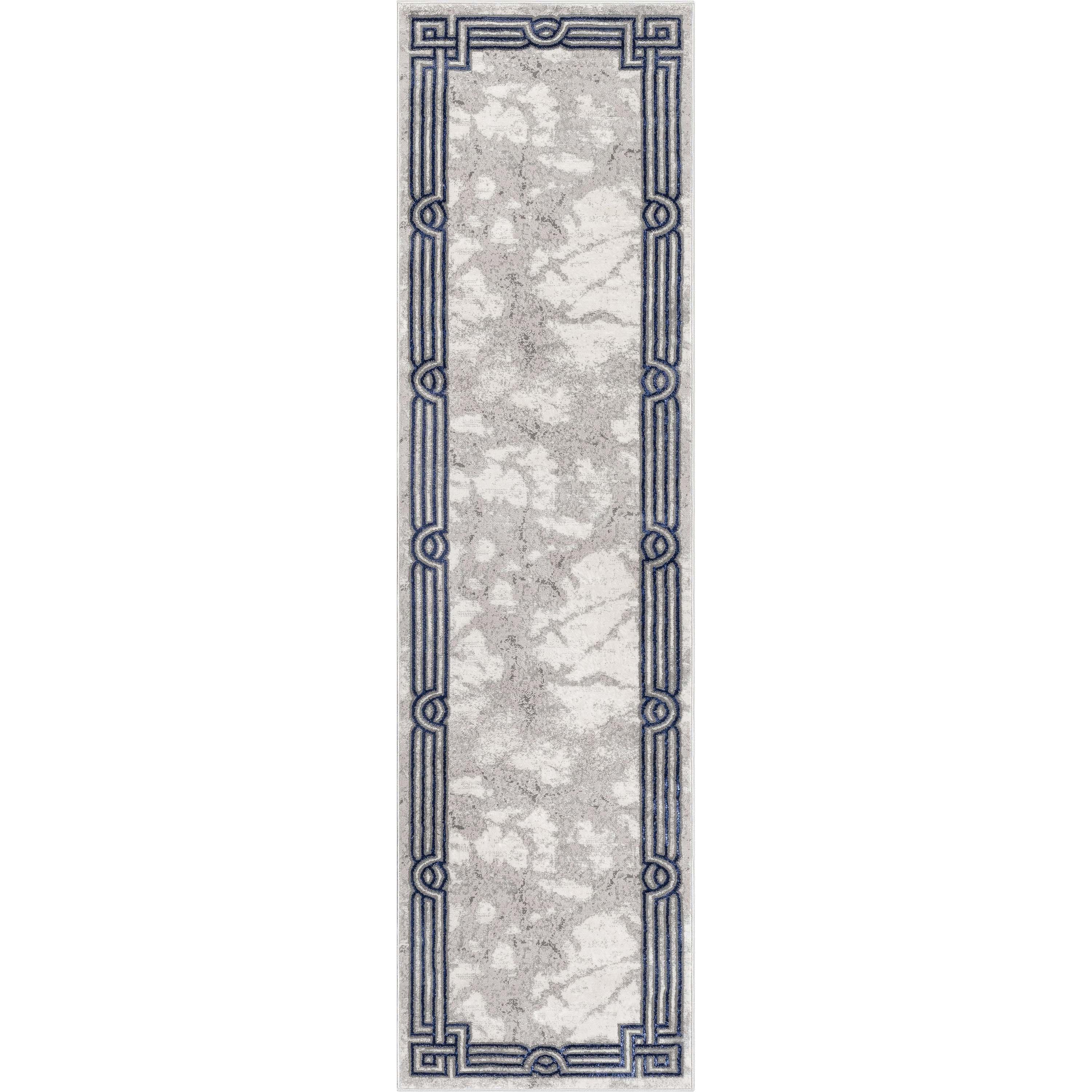 Well Woven Lezlee Abstract Modern 2'7" x 9'10" Runner Rug - Blue Marble Border - for Hallway, Entryway, Stair