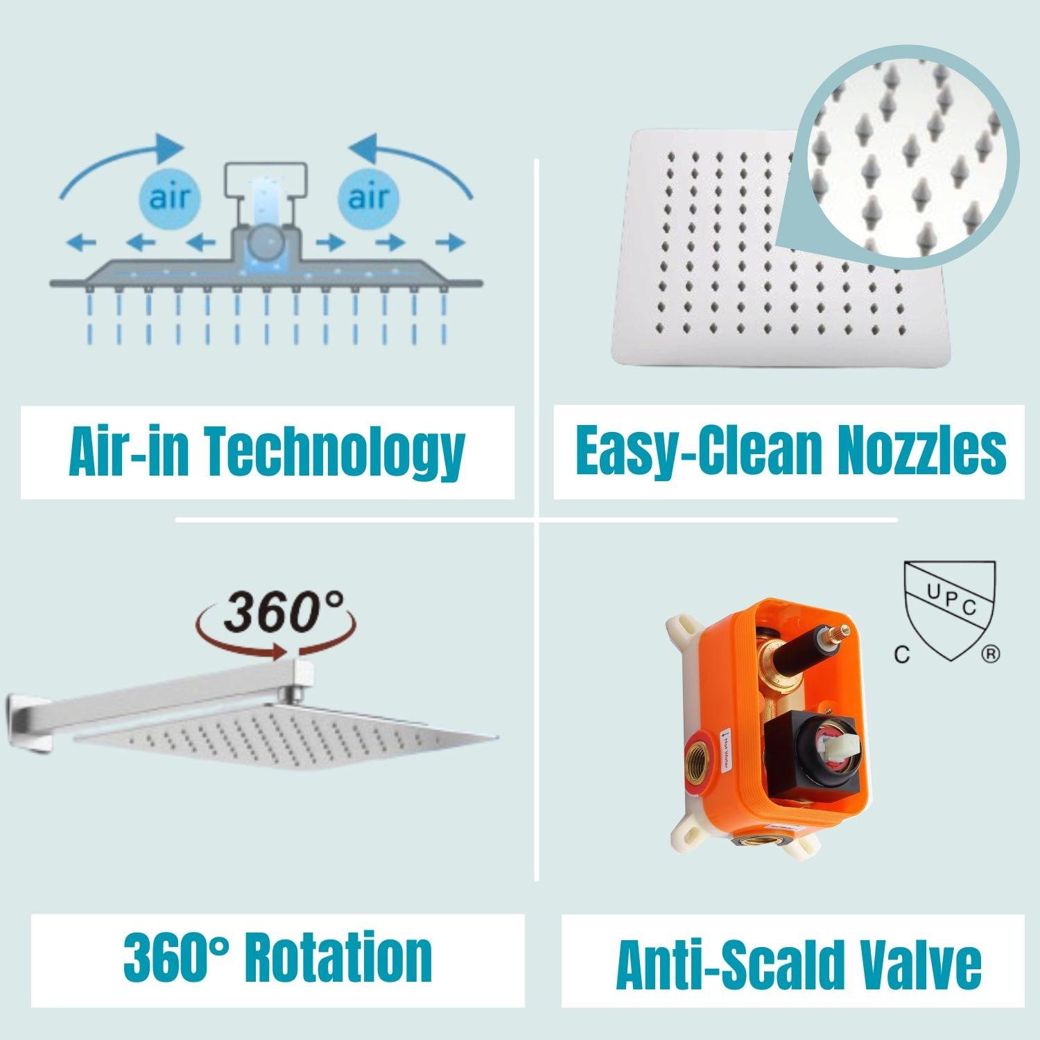 Fithood Rain Shower System Brushed Nickel Tub Shower Faucet Set 10 Inch Square Rainfall Shower Head with Handheld Sprayer and Waterfall Tub Spout Pressure Balance Rough-in Valve Shower Mixer Combo