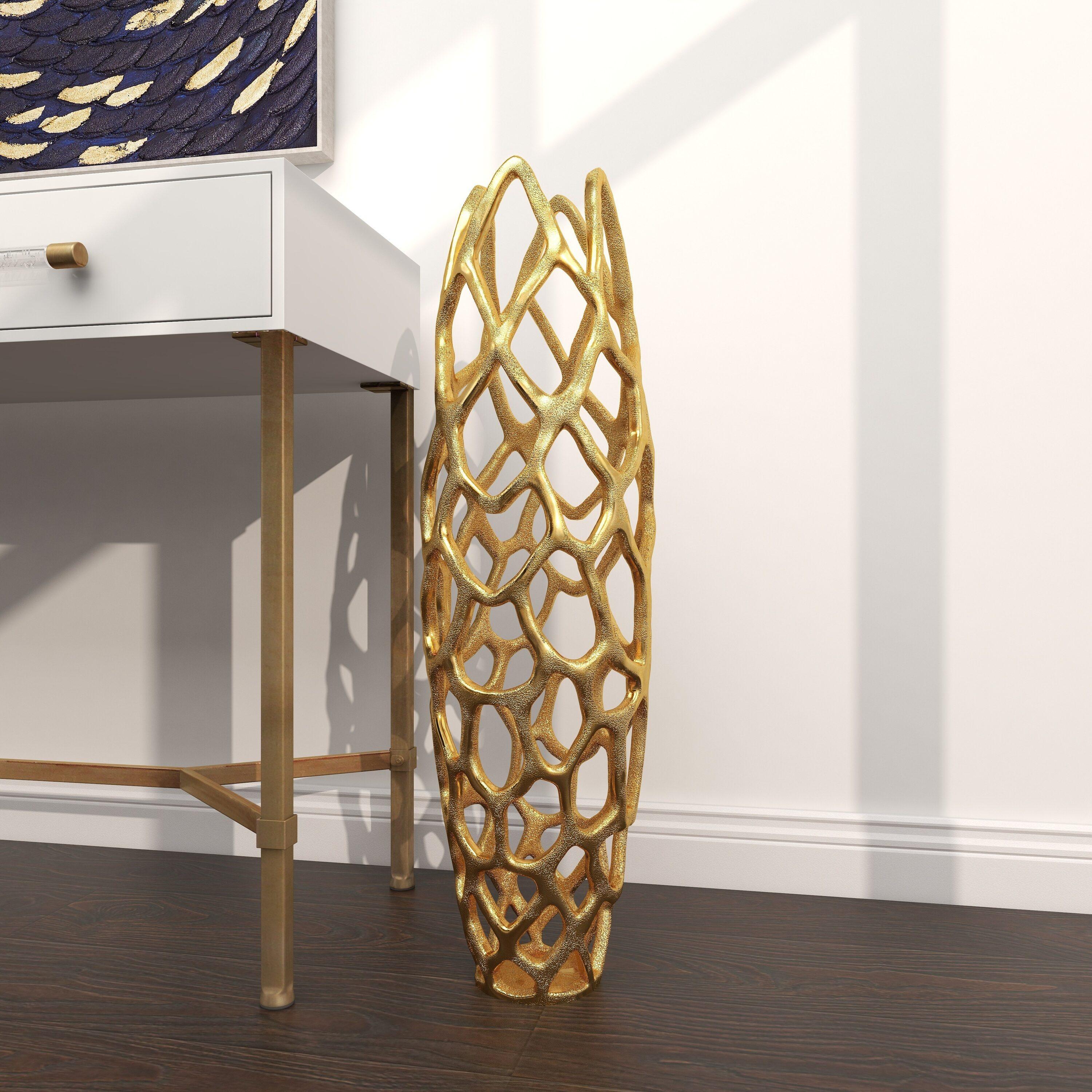 Olivia & May 31" x 9" Eclectic Woven Net-Inspired Aluminum Vase Gold - Indoor Contemporary Amphora Design