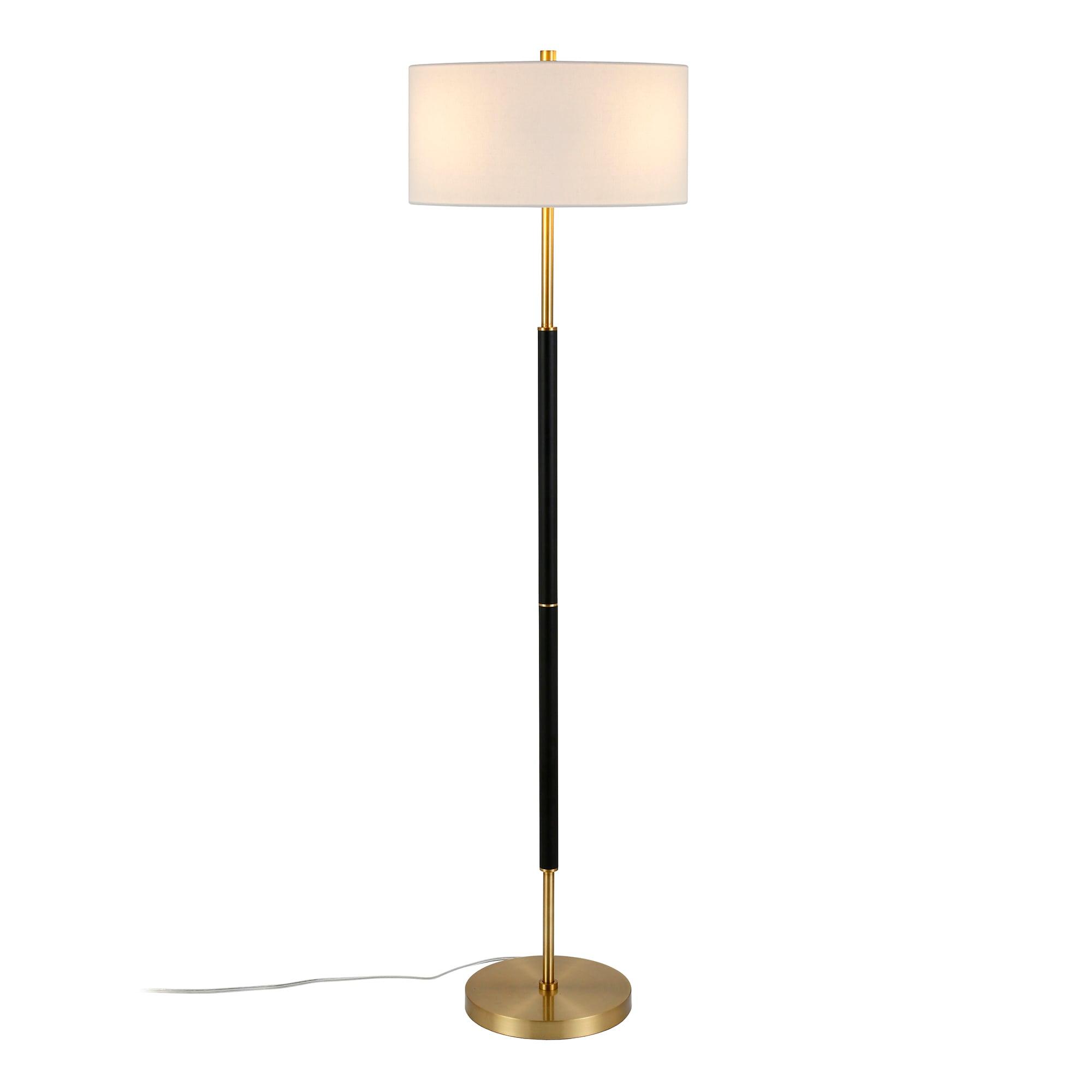 Evelyn&Zoe Simone 2-Light Floor Lamp with Fabric Shade, Matte Black/Brass/White