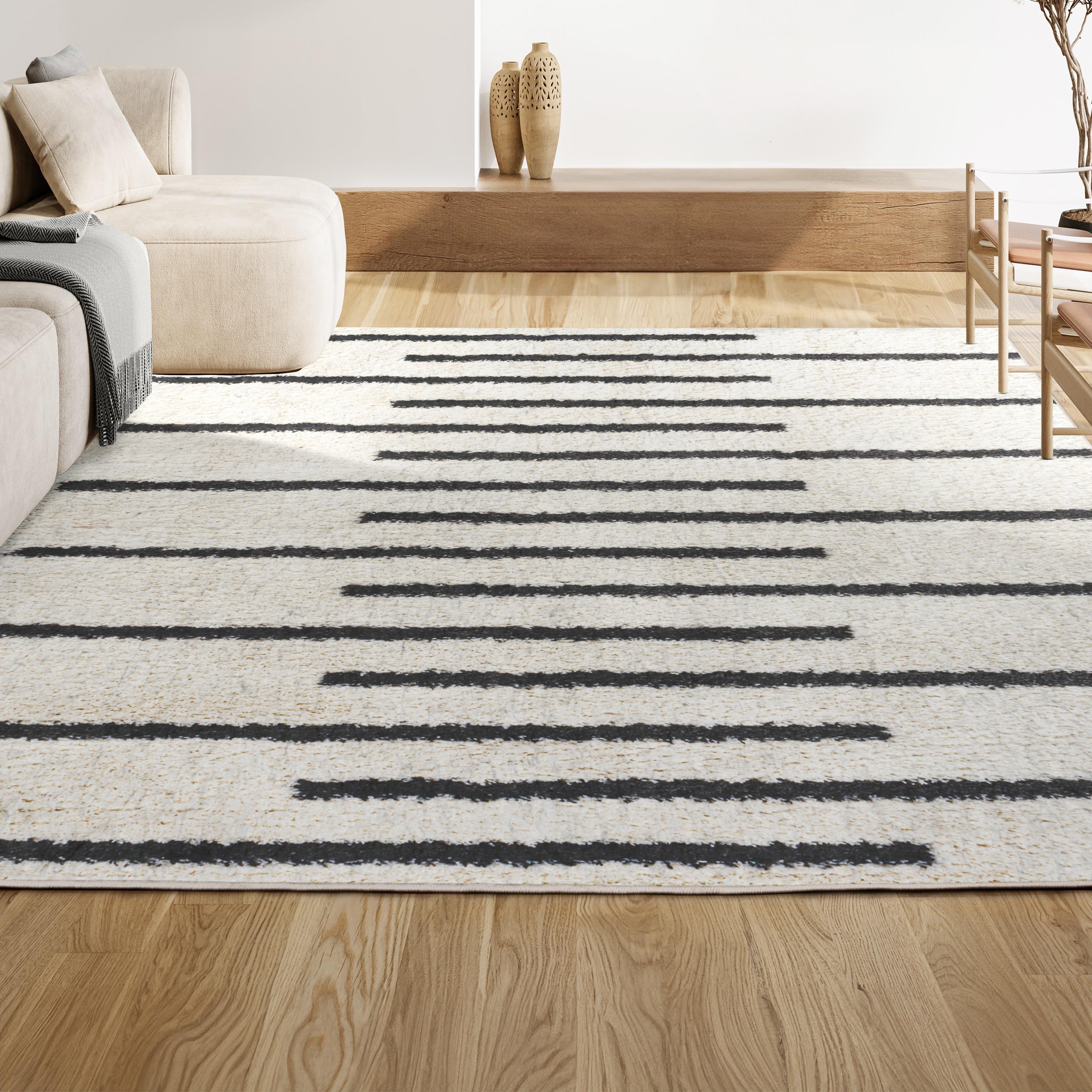3'x5' Alaro Berber Stripe Shag Area Rug, White/Black - JONATHAN Y