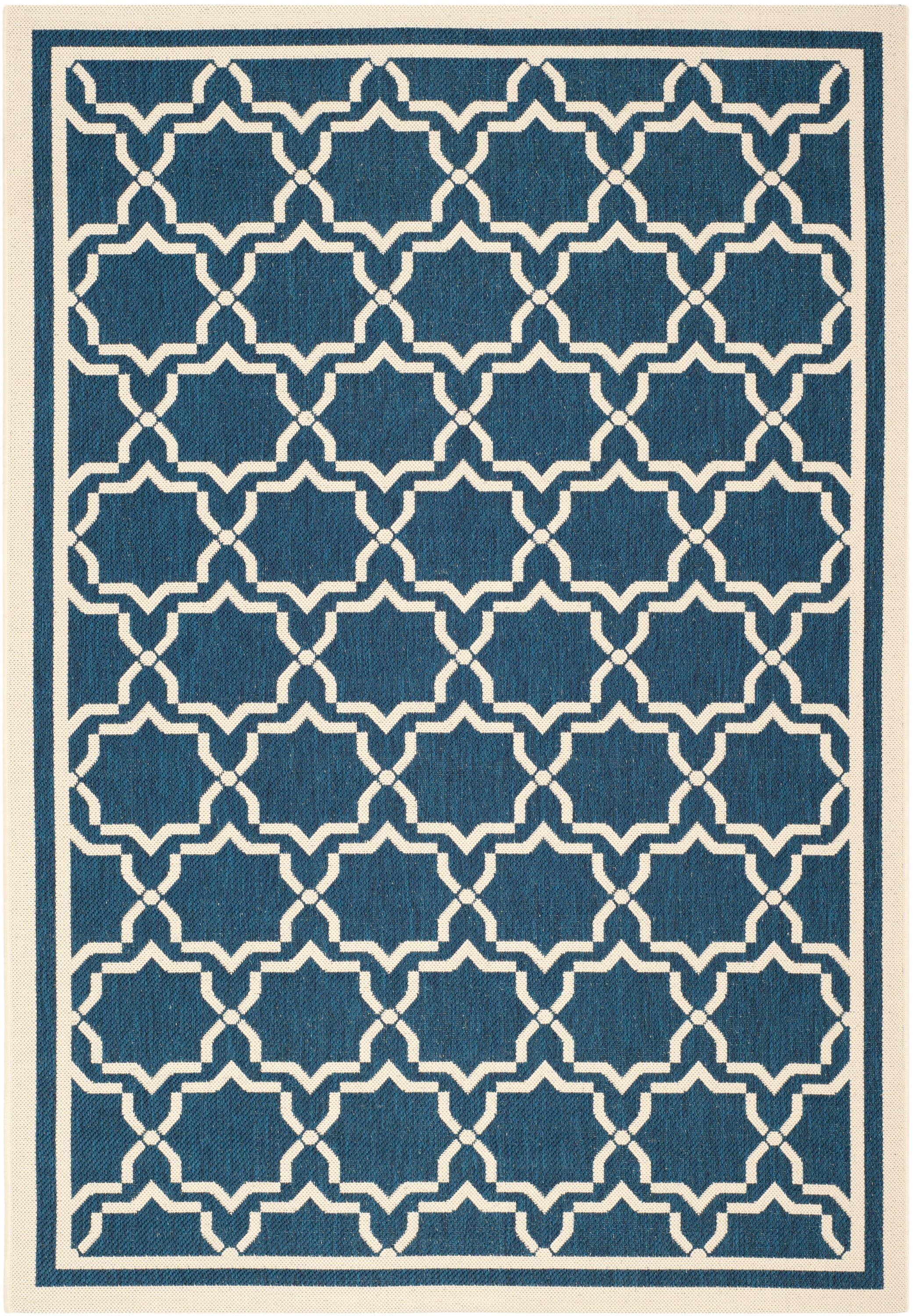 SAFAVIEH Courtyard Allison Geometric Bordered Indoor/Outdoor Area Rug, 4' x 5'7", Navy/Beige