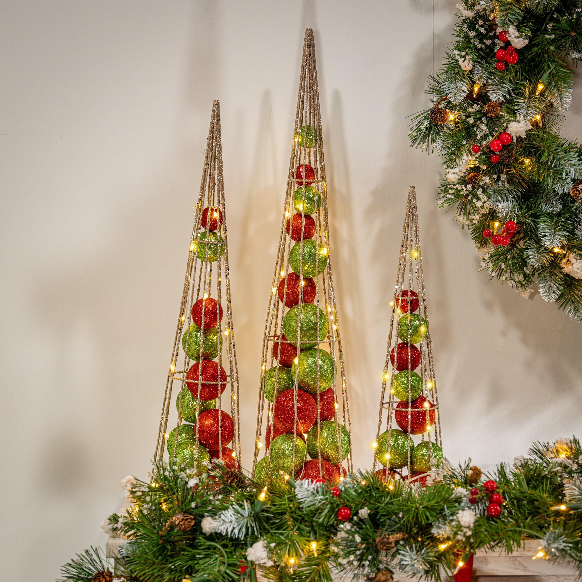 Gerson 2550120 Set of 3 Battery Operated Lighted Ornament Filled Cone Trees, Large is 24-inch Height
