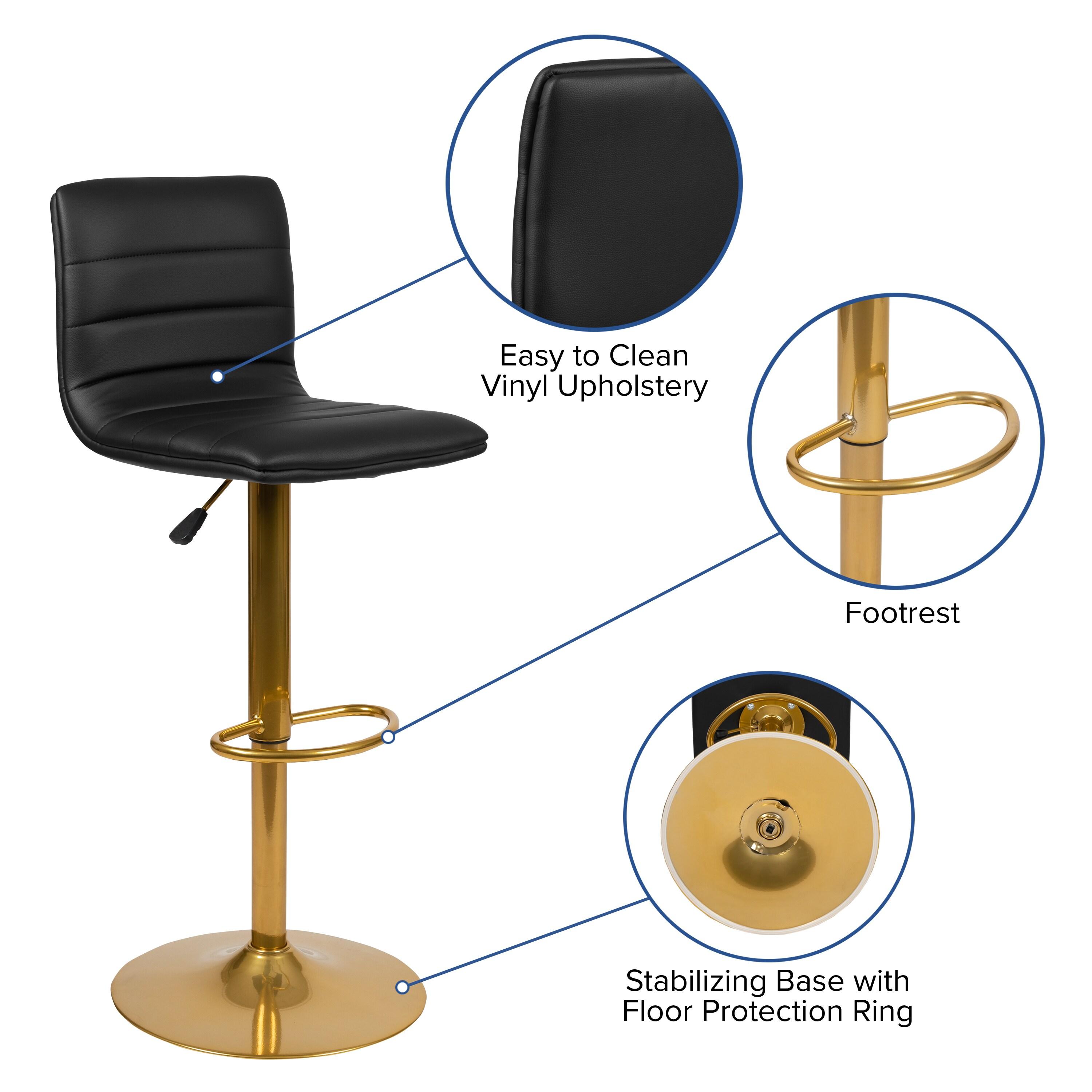 Flash Furniture Modern Black Vinyl Adjustable Bar Stool with Back, Counter Height Swivel Stool with Gold Pedestal Base, Set of 2