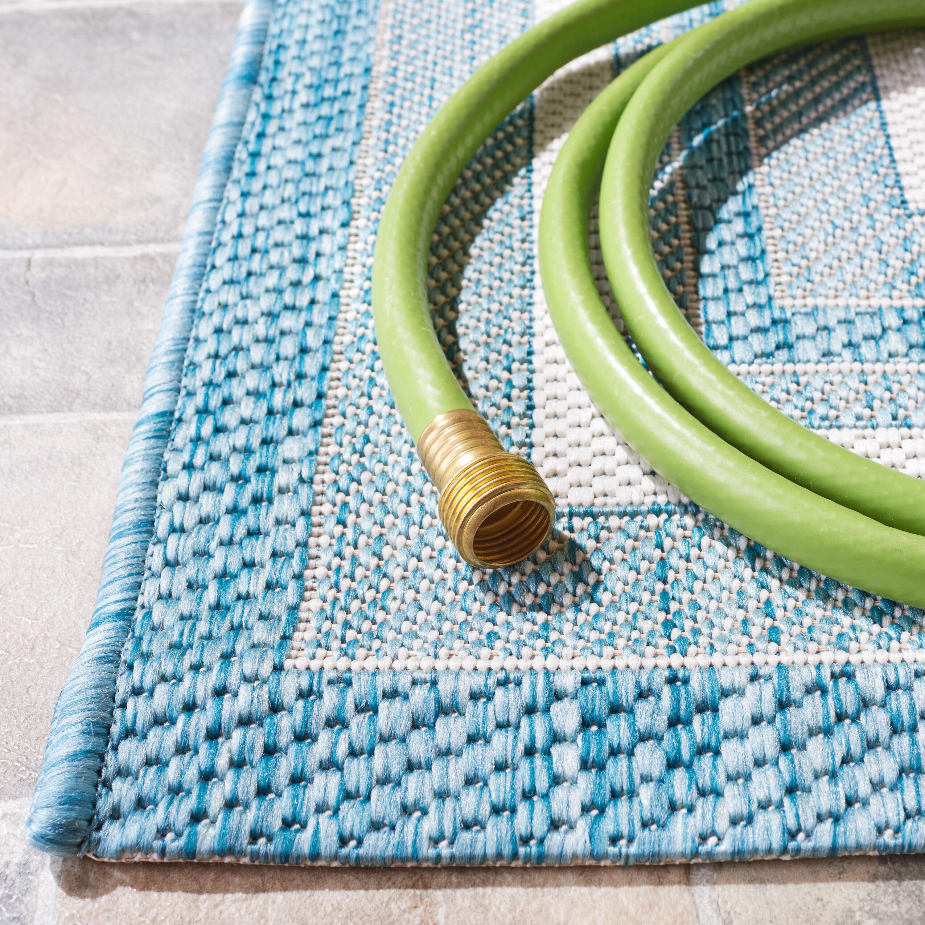 SAFAVIEH Courtyard Ercan Bordered Indoor/Outdoor Area Rug, Ivory/Aqua, 9' x 12'