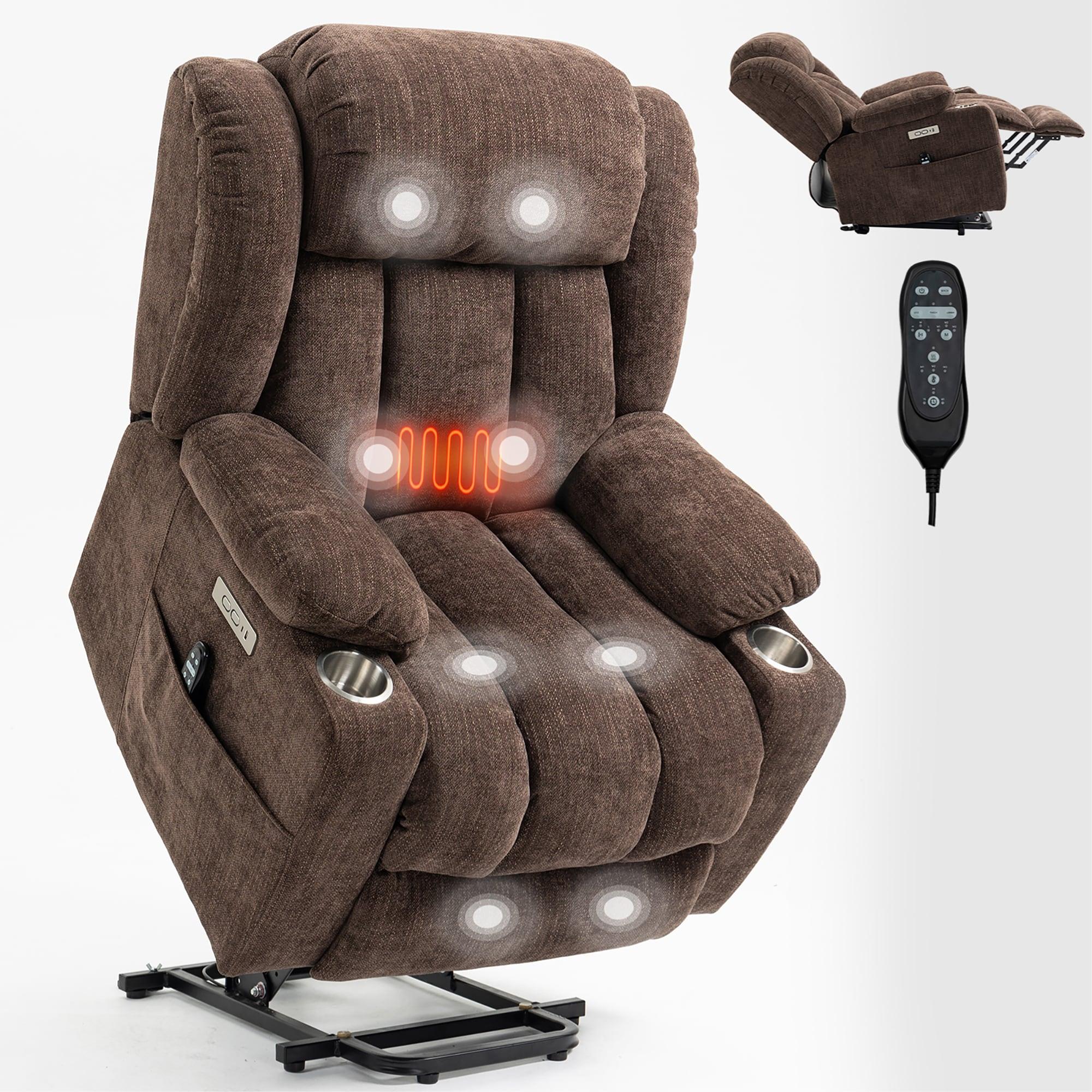 Power Lift Chair with Full-Body Massage and Heat, Electric Recliner Chairs for Adults, Remote Control, Standing Assistance, USB Ports, Stainless Steel Cup Holders, Chenille Brown