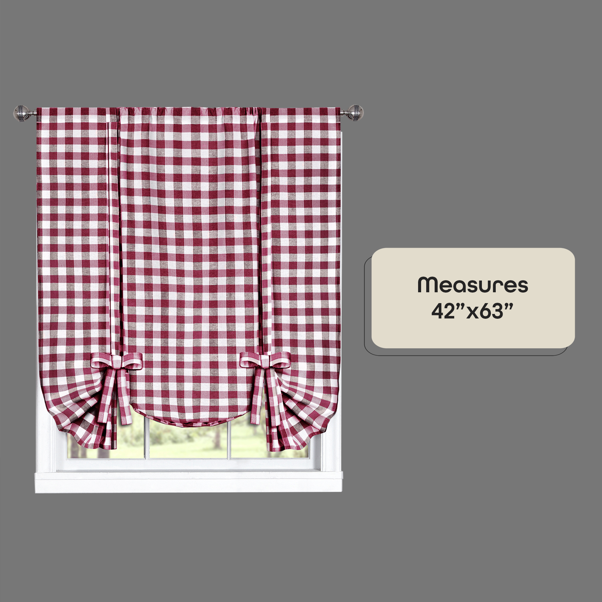 Buffalo Check Plaid Gingham Tie-Up Window Single Curtain, 42" x 63", Burgundy