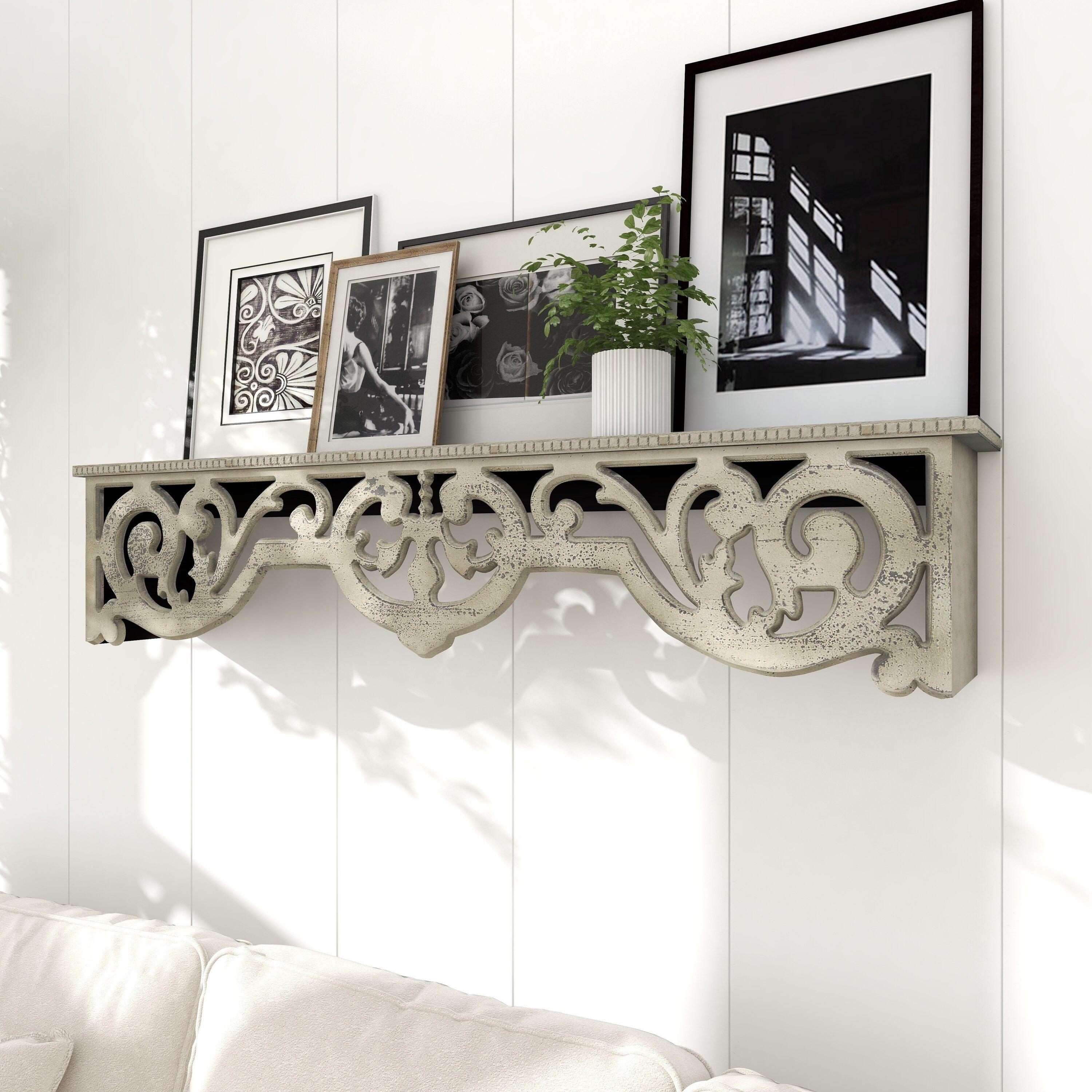 DecMode 48" x 8" 1-Tier Beige Scroll Wall Shelf with Gray Distressing