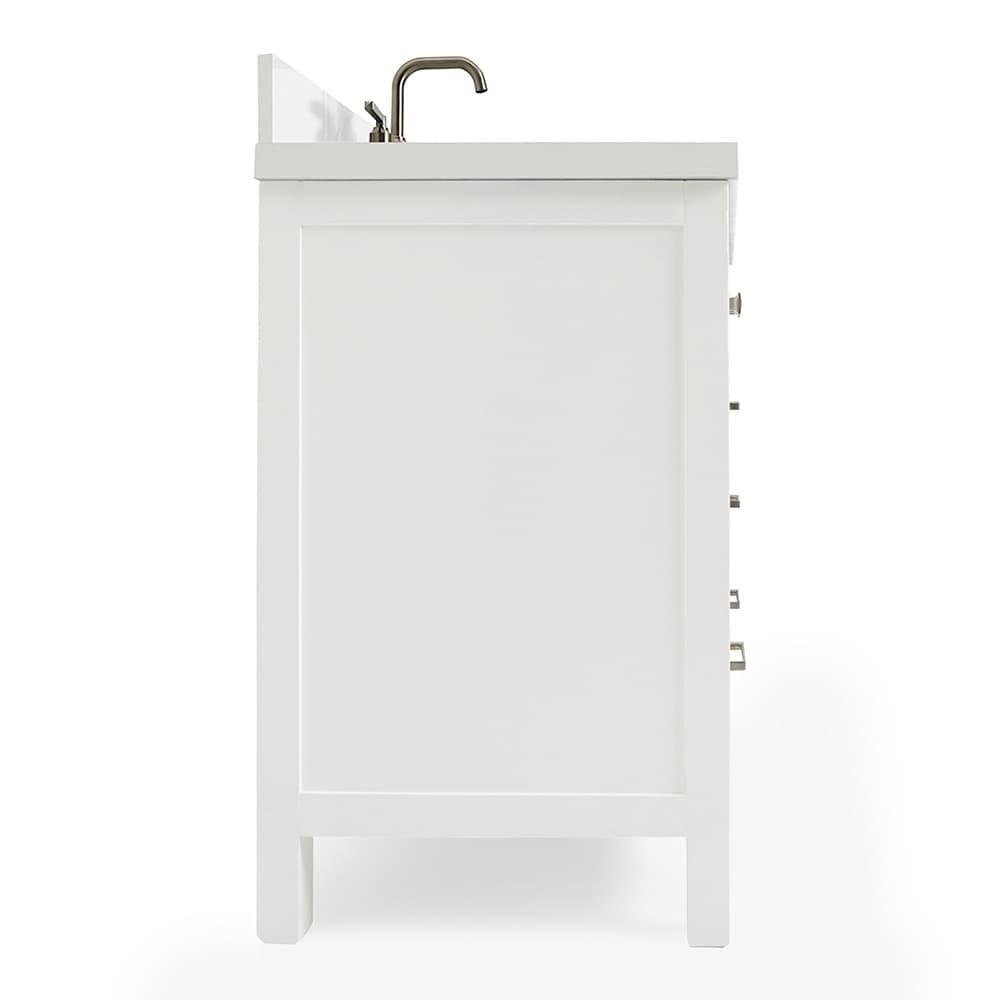 ARIEL 49" Bathroom Vanity with 1.5" Edge Pure White Quartz Countertop & Backsplash, Center Rectangular Sink, 2 Soft Closing Doors, 9 Full Extension Dovetail Drawers, Brushed Nickel - White