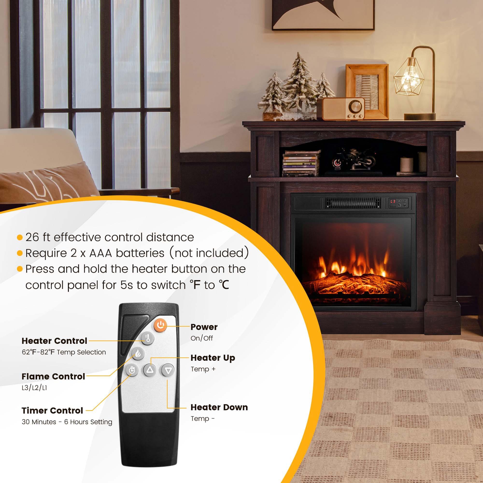 Costway 32" 1400W Electric Fireplace Mantel TV Stand Space Heater W/ Shelf Brown