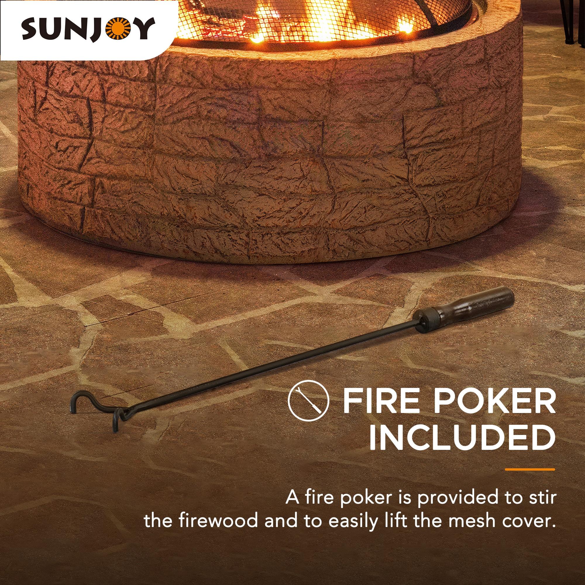 Sunjoy Stone Fire Pit 26 Inch, Outdoor Round Wood Burning Fire Pits with Spark Screen and Poker  Tan