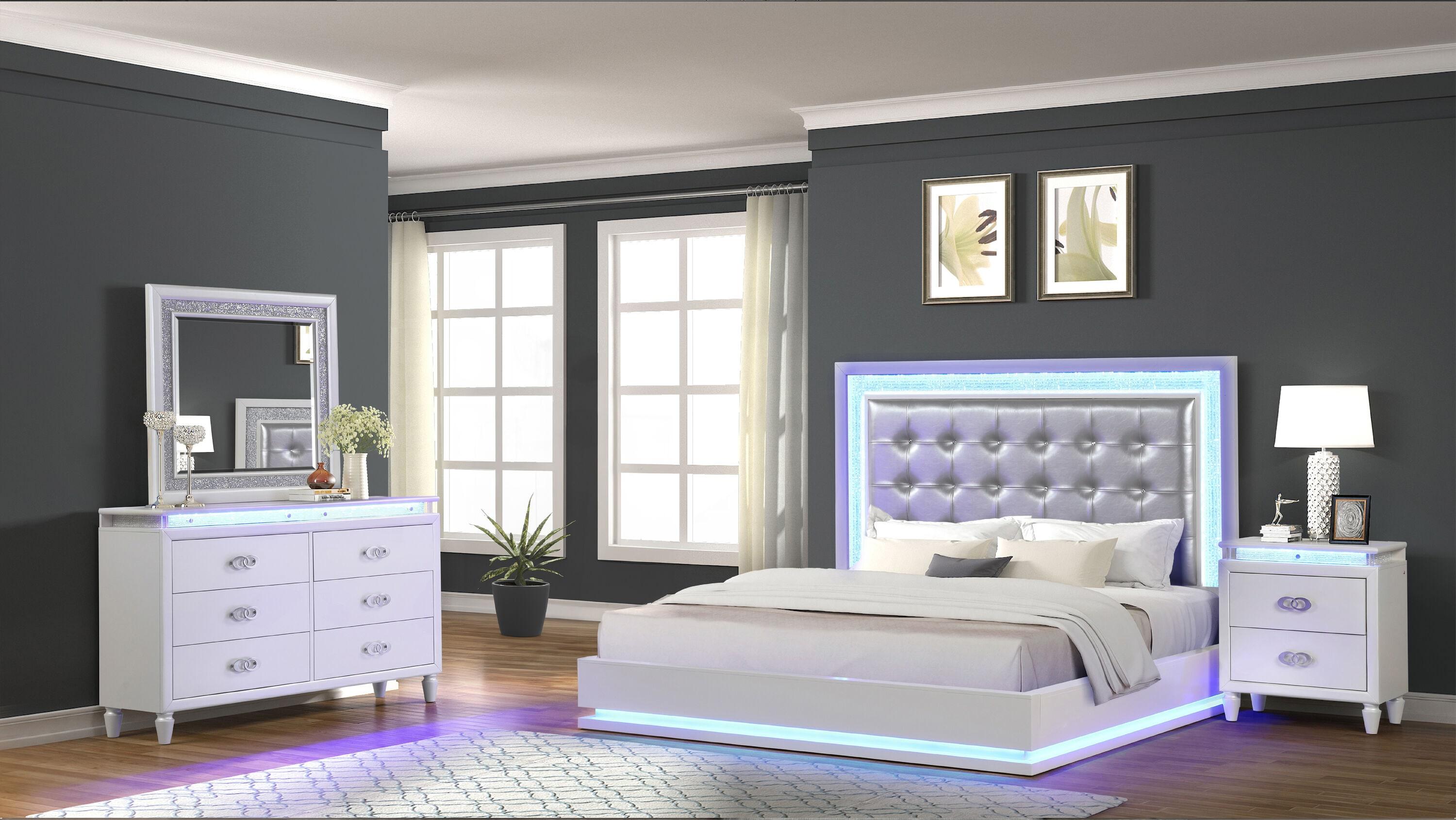 DeeHome Passion Queen 4 Pc LED Bedroom Set Made with Wood in Milky white