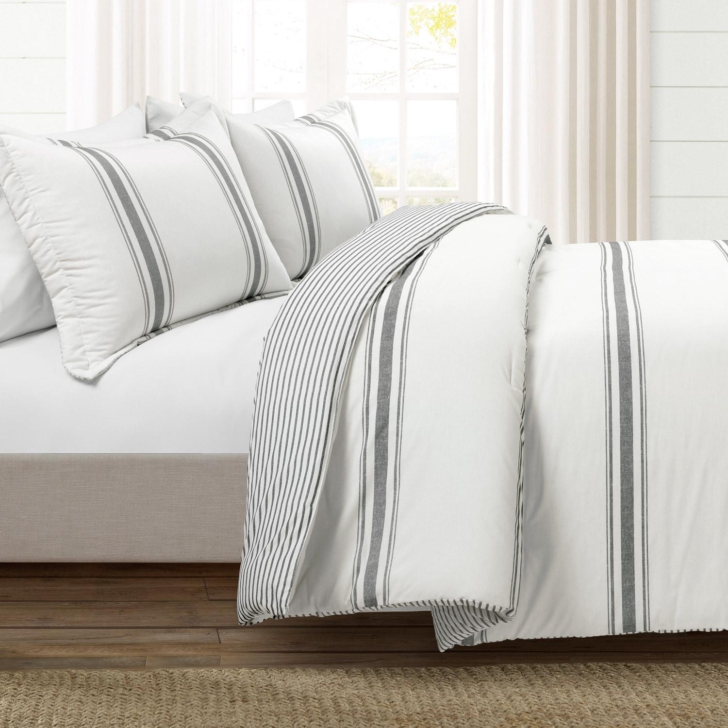 Lush Decor Farmhouse Stripe Reversible Cotton Comforter Dark Gray 3Pc Set Full/Queen