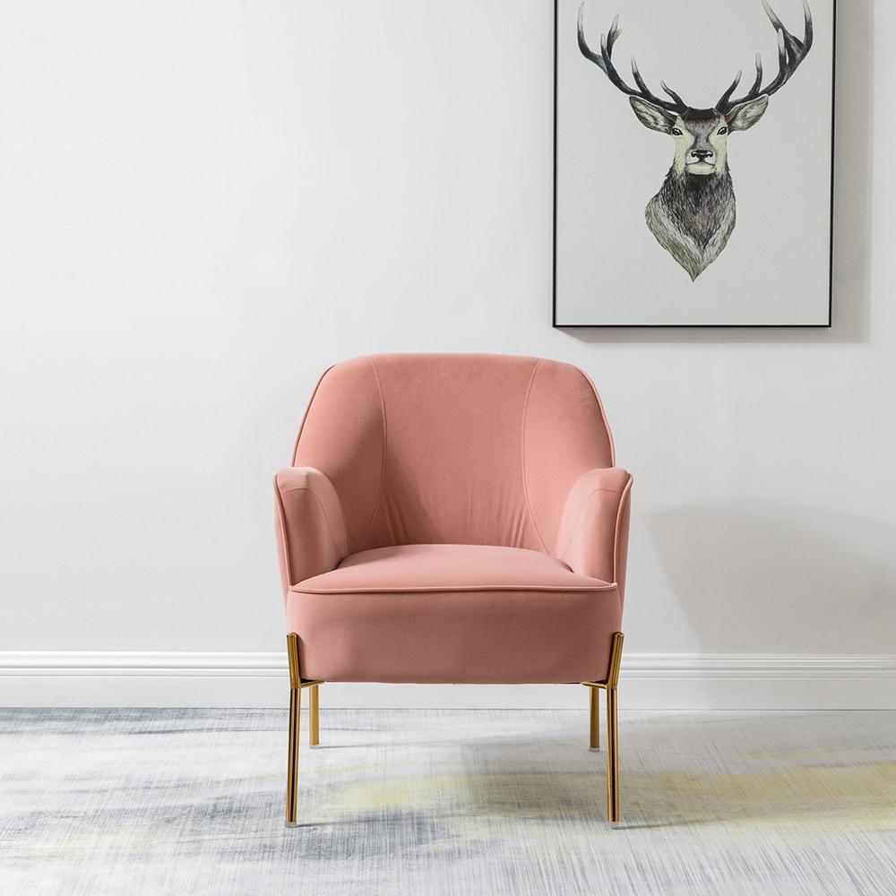 Wooden Upholstery Accent Side Chair Velvet Fabric Tufted with golden legs Living Room Pink