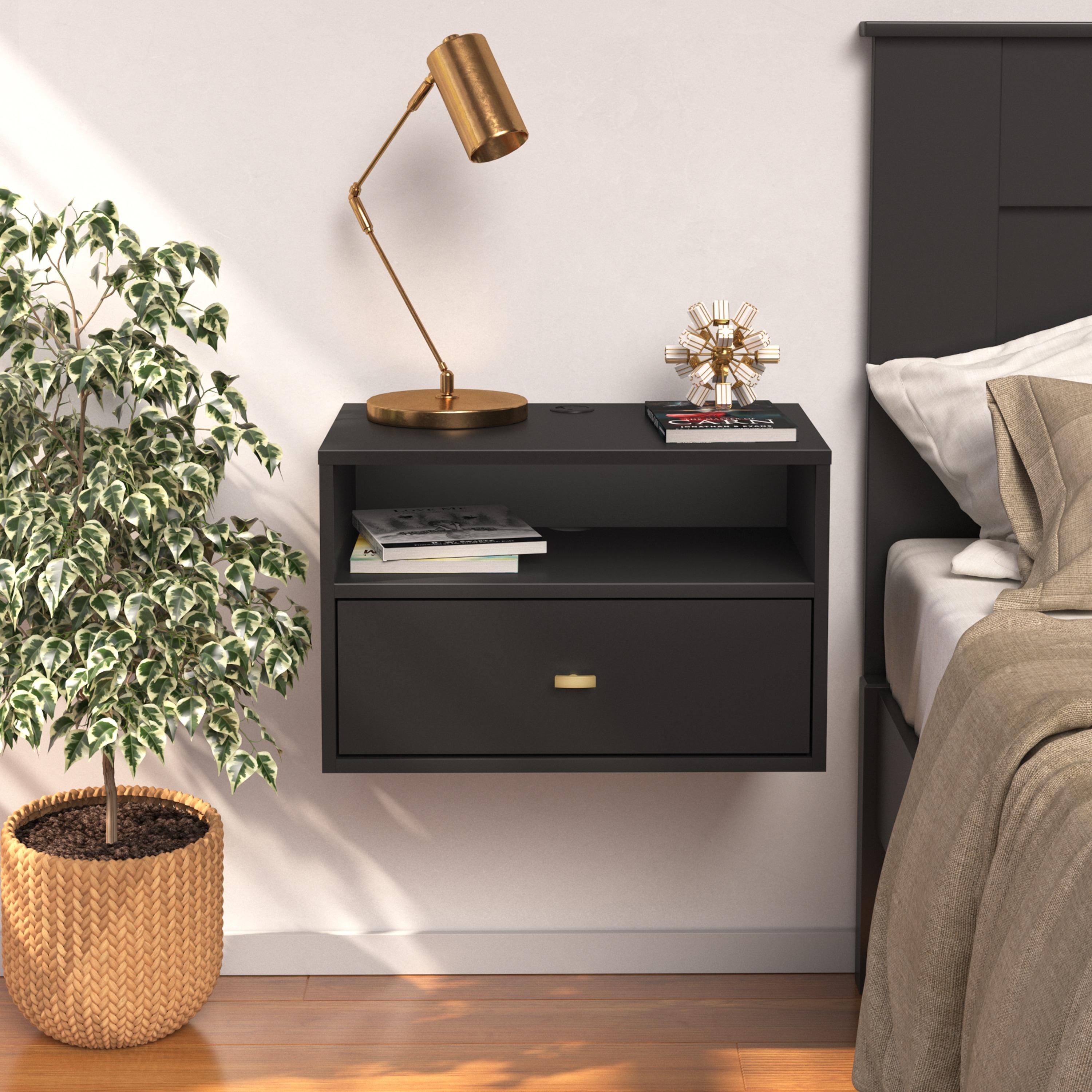 Floating 1 Drawer Nightstand with Open Shelf Black - Prepac: Modern Wall-Mounted Design, Cable Management, Laminated Surface