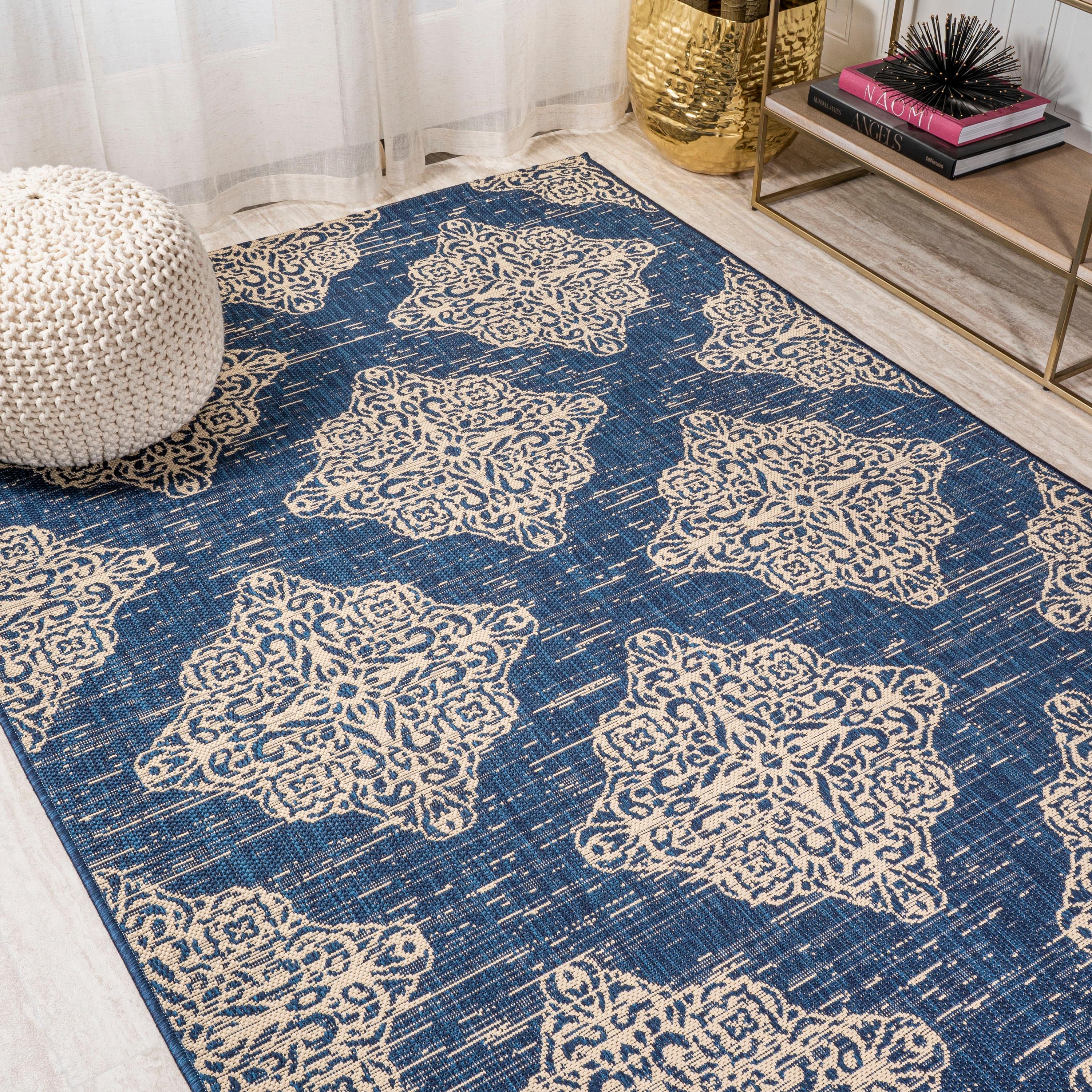 4'x6' Tuscany Ornate Medallions Indoor/Outdoor Area Rug, Navy/Beige - JONATHAN Y