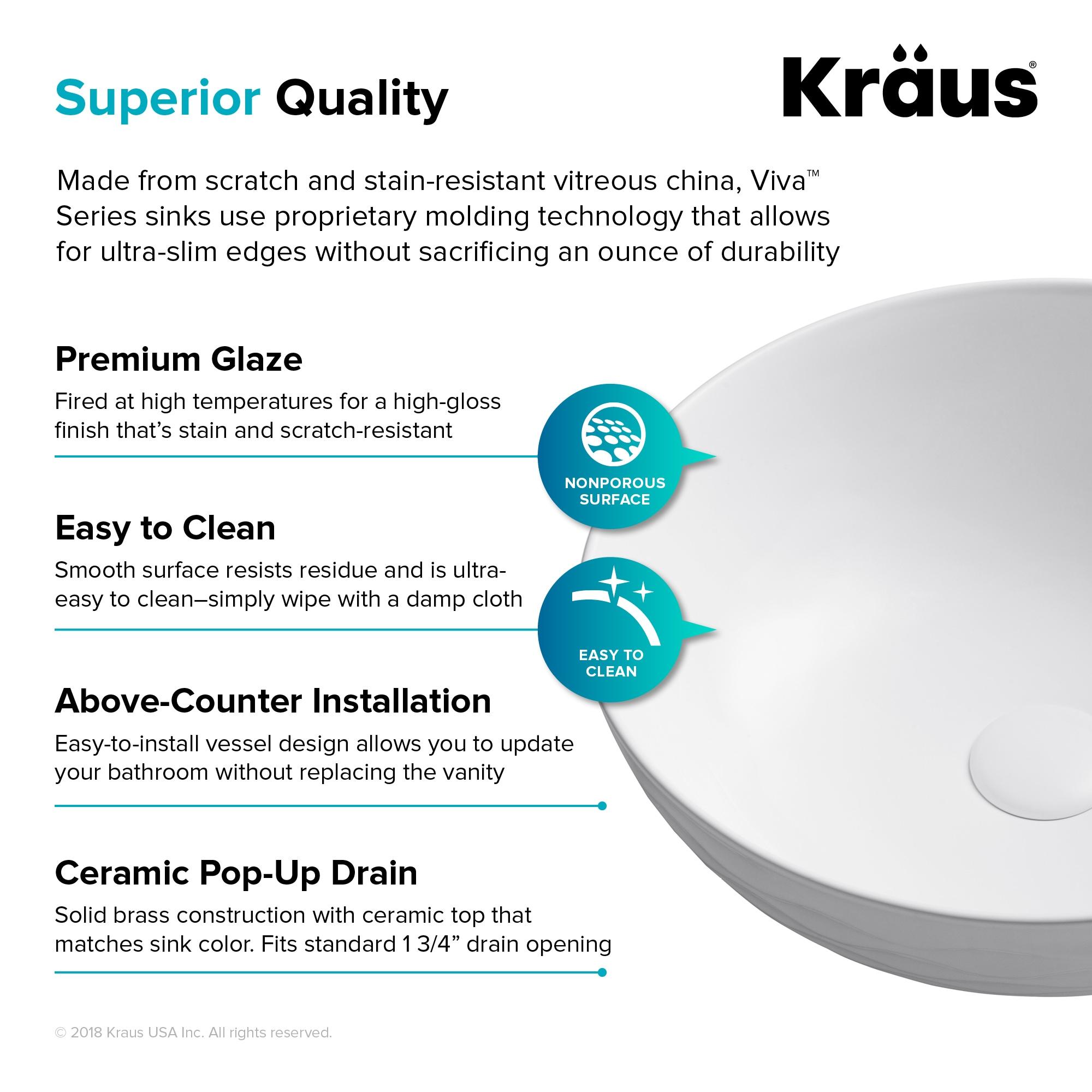 KRAUS Viva™ Thin Porcelain Ceramic Vessel Bathroom Sink with Pop-Up Drain