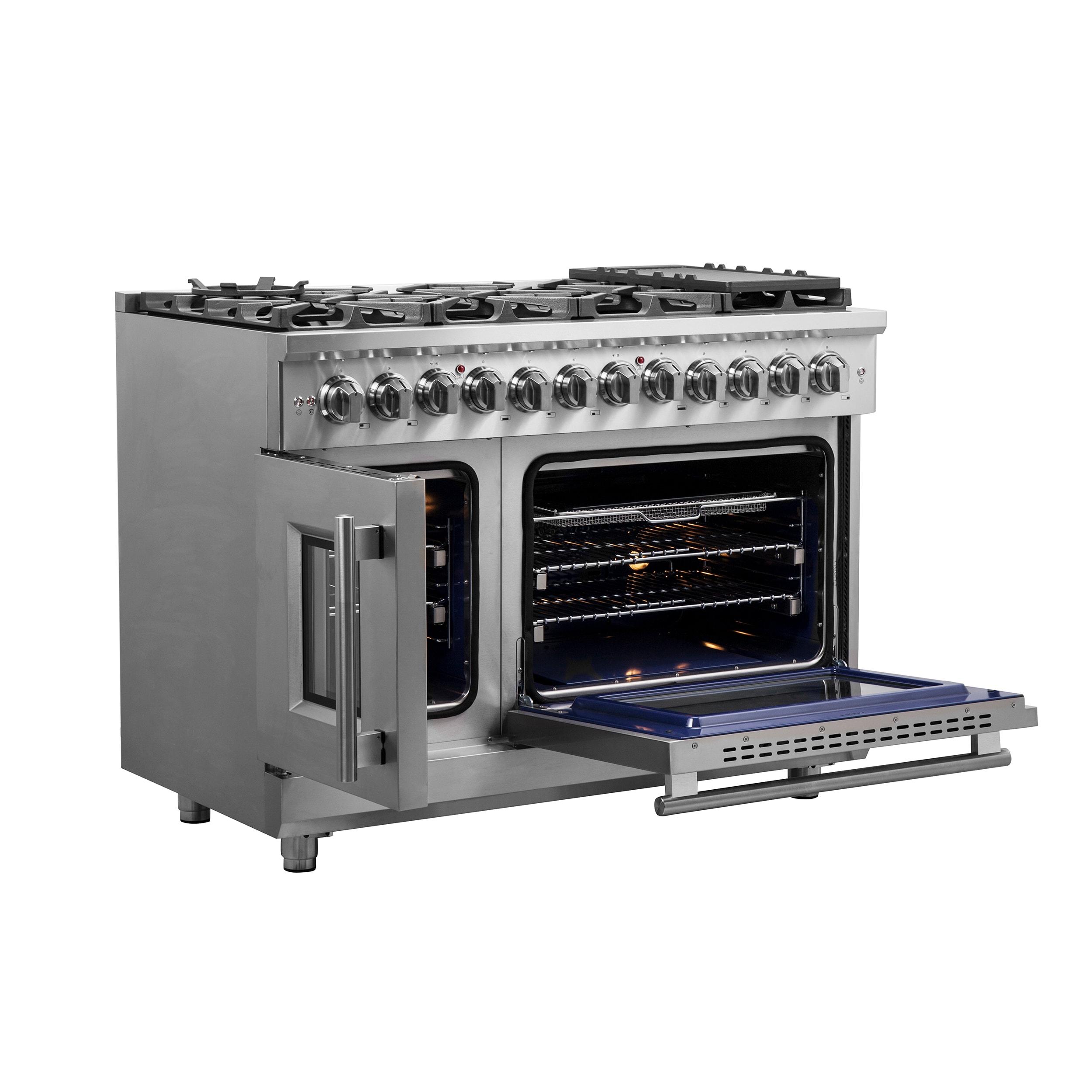 Alta Qualita Massimo 48-inch Freestanding Dual Fuel Range Stainless Steel, 8 Burners, 6.58 cu.ft. Double Ovens