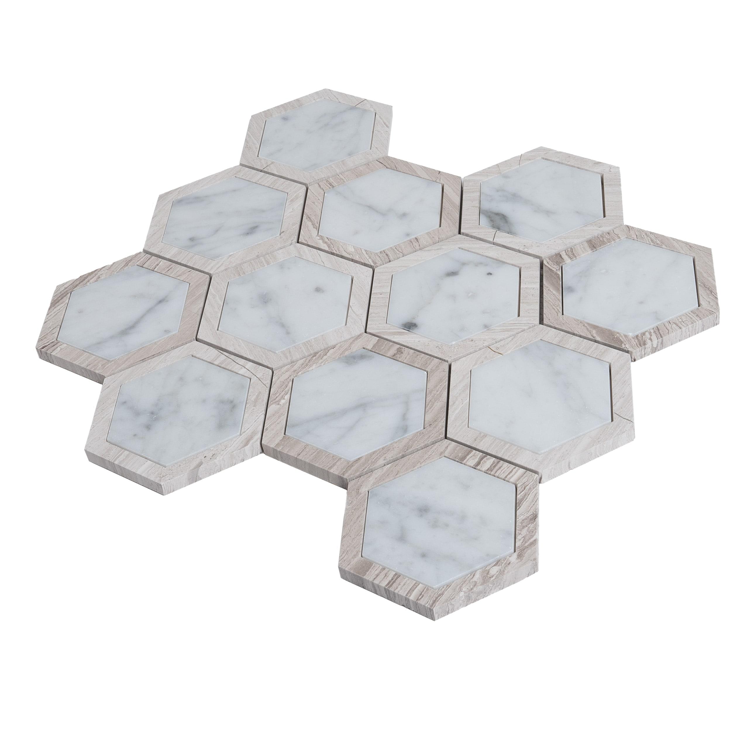 Apollo Tile 12 x 13.5 Bianco Carrara, Wooden Grey Marble Random Mosaic Tile