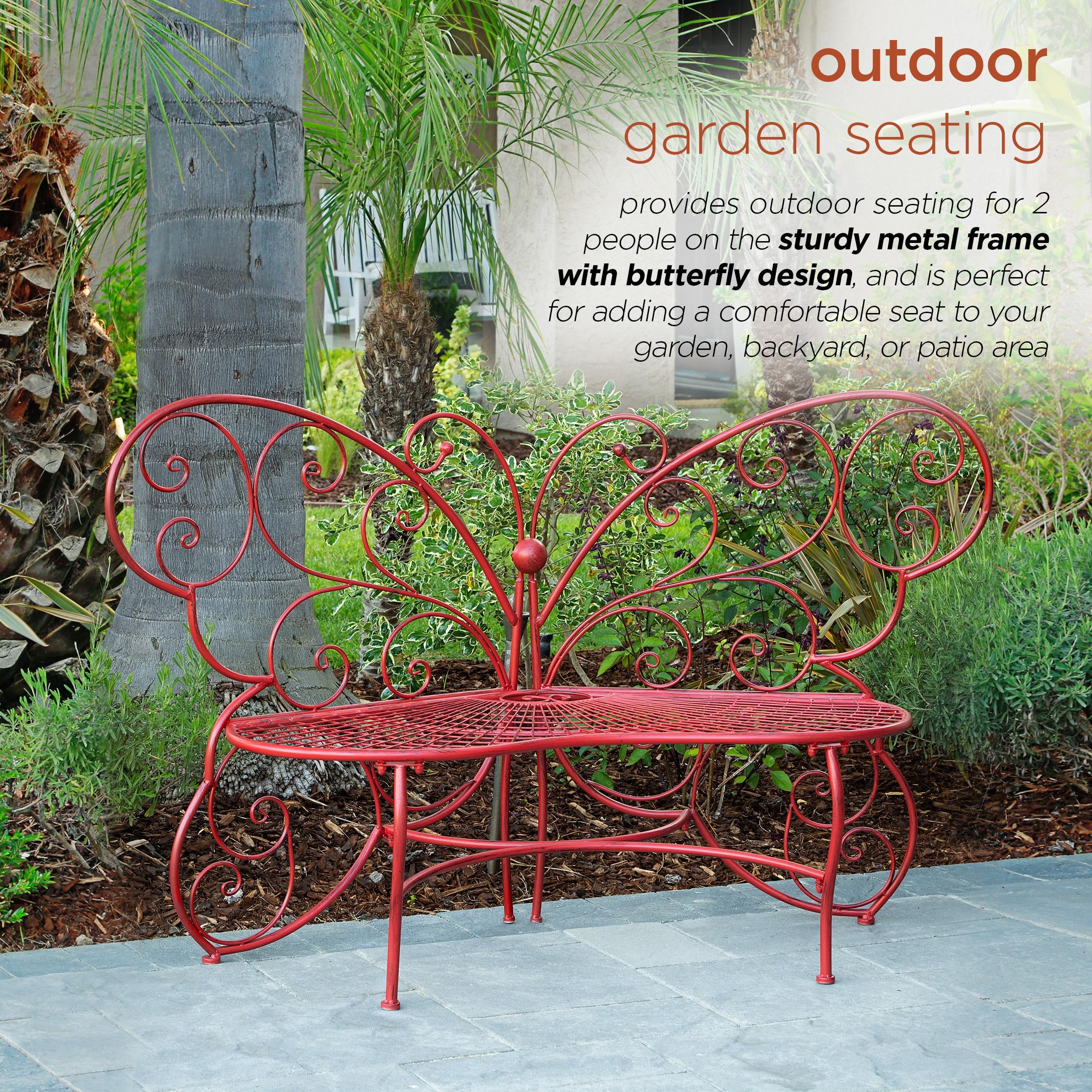 Butterfly Metal Bench Red - Alpine Corporation: Durable Garden Seating, Weather-Resistant Iron Construction