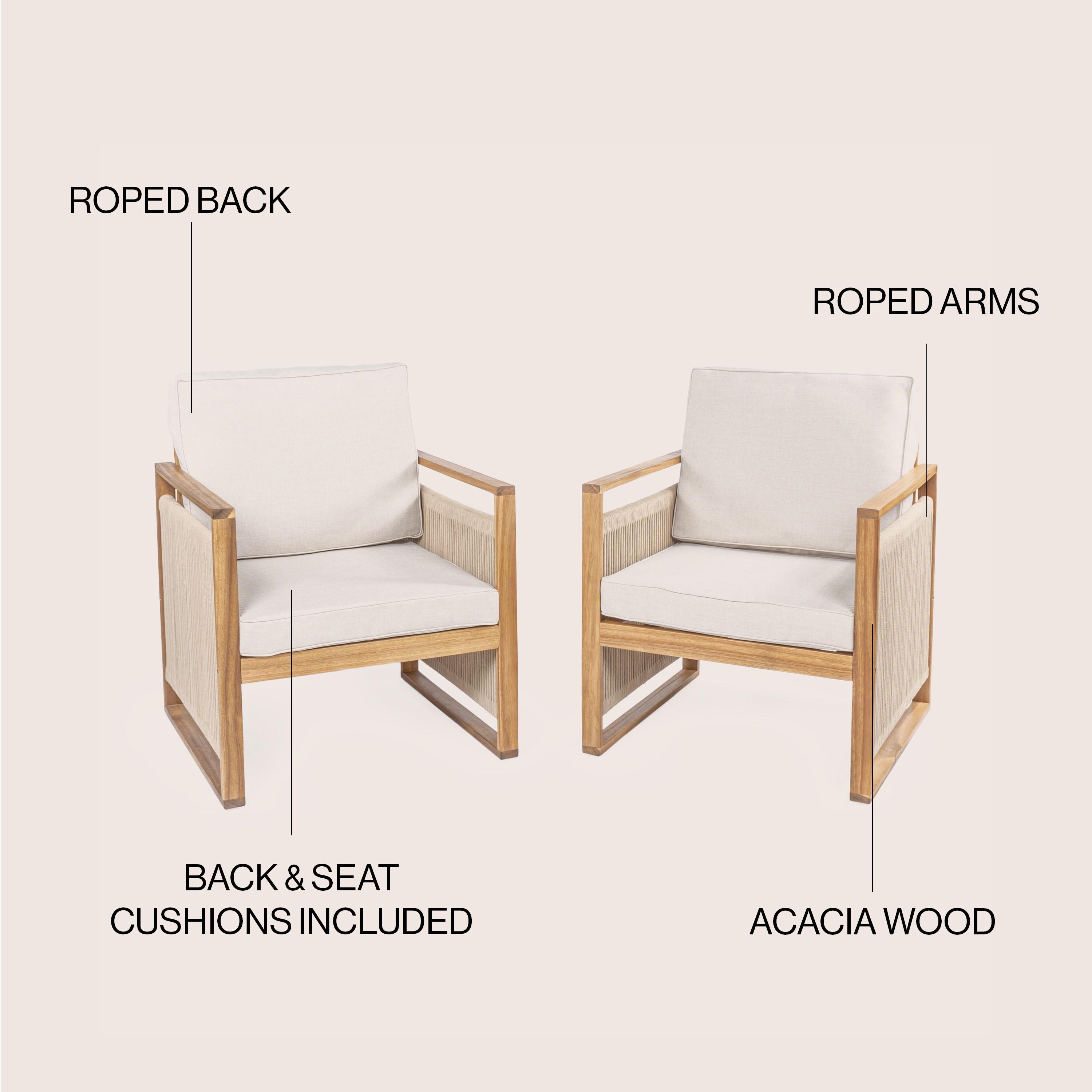 Gable Mid-Century Modern Roped Acacia Wood Outdoor Patio Chair with Cushions, Beige/Light Teak (Set of 2) - JONATHAN Y