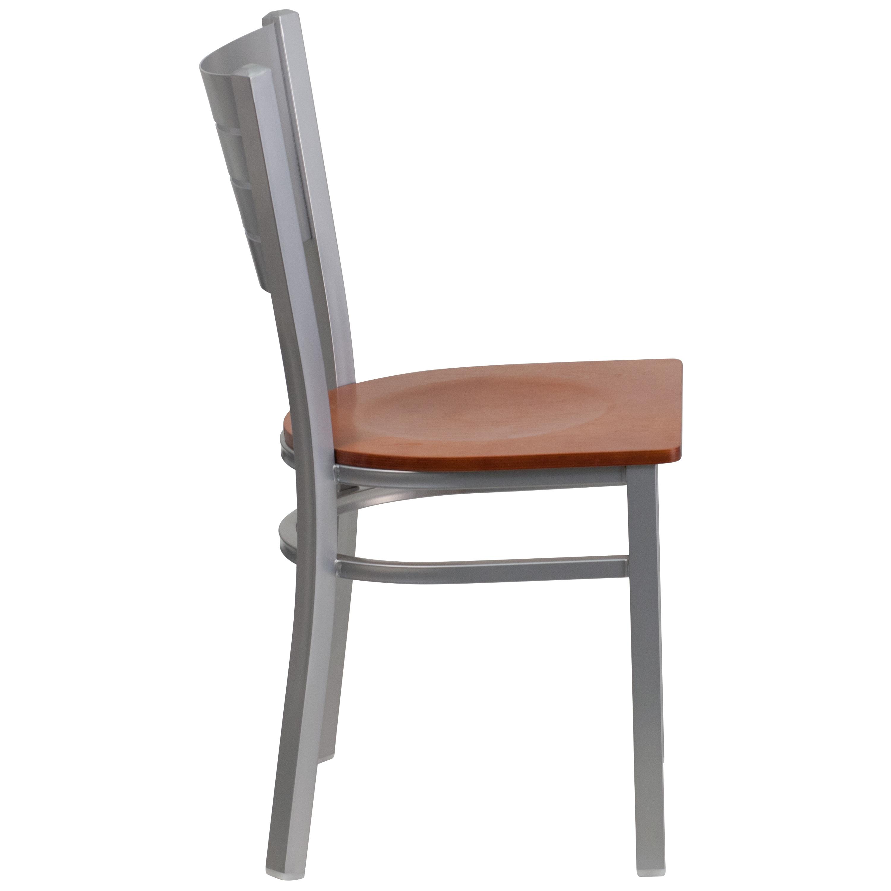 Flash Furniture HERCULES Series Silver Slat Back Metal Restaurant Chair - Cherry Wood Seat