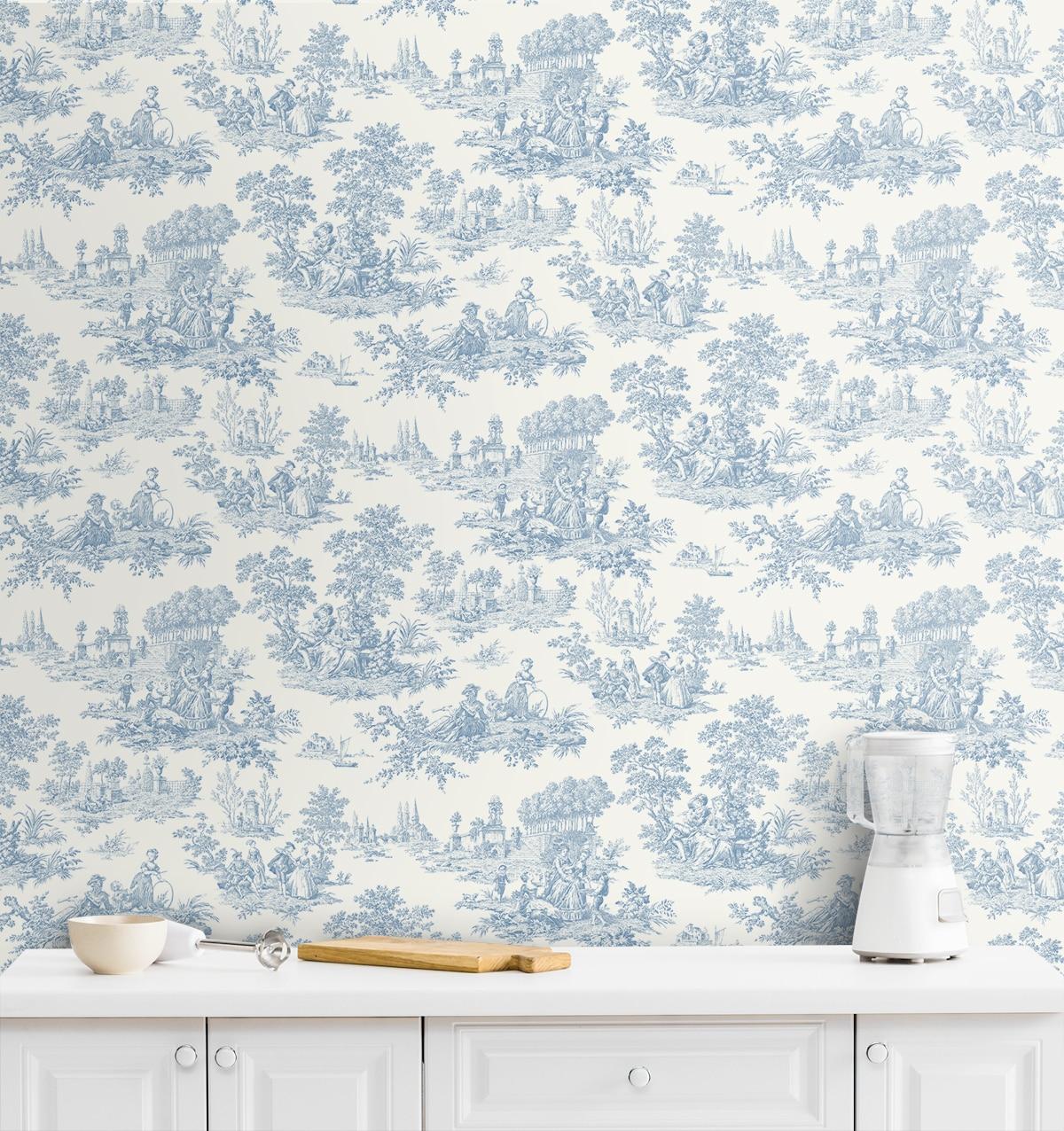 NextWall Chateau Toile Peel and Stick Wallpaper Blue: Removable Vinyl, Self-Adhesive, Traditional Toile Design, 30.75 Sq Ft Coverage