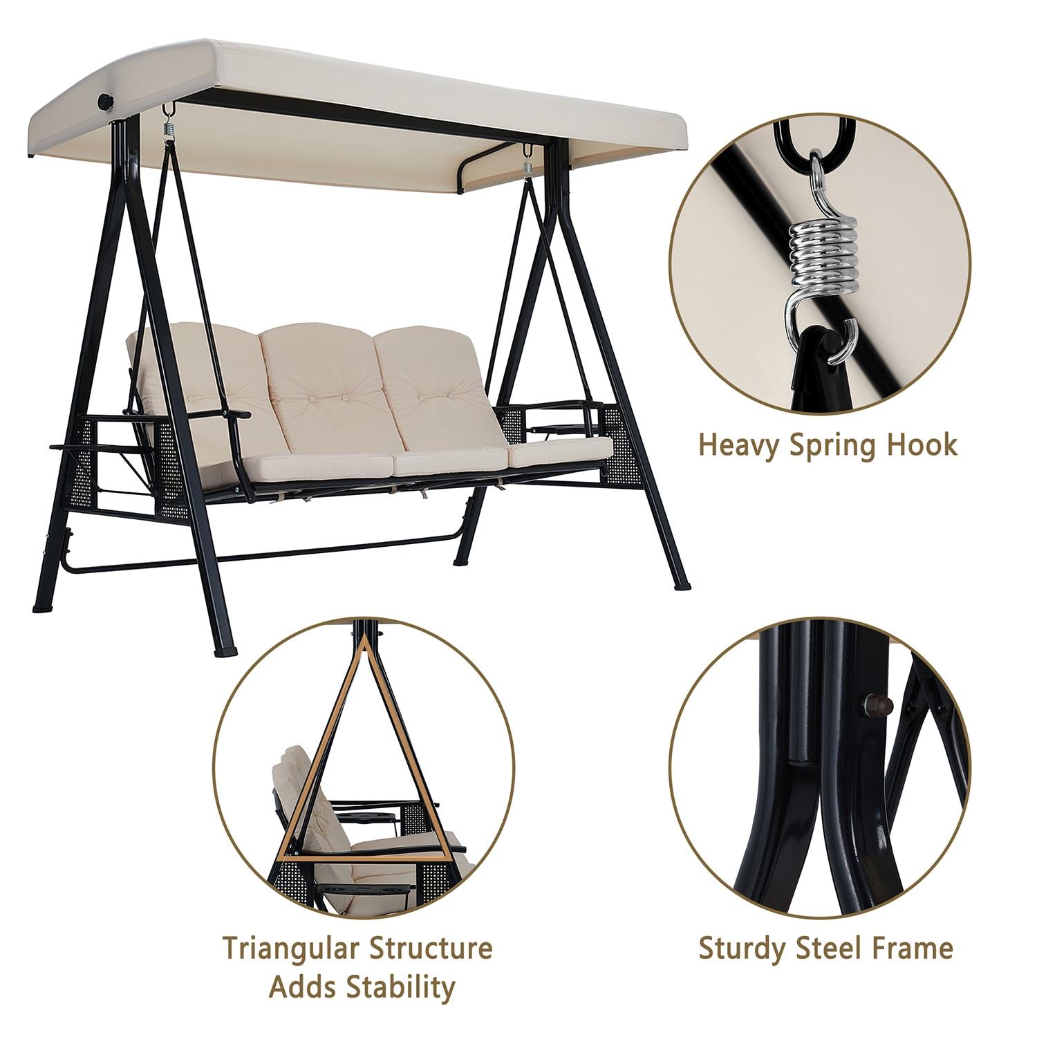 Outsunny 3-Seat Outdoor Patio Swing with Adjustable Tilt Canopy, Cushions, Pillow, Steel Frame, Side Tray, Cup Holder, Beige