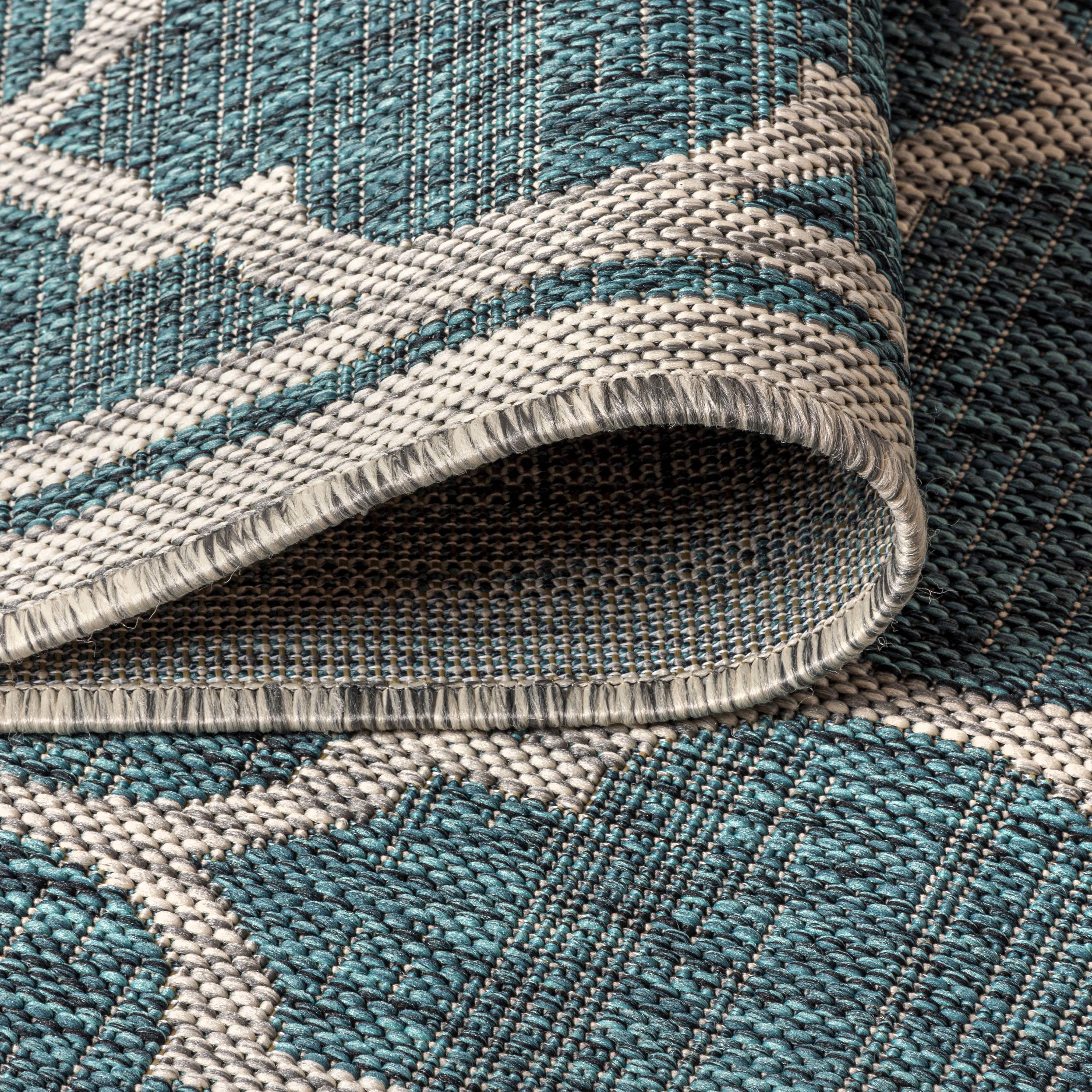 8'x10' Trebol Moroccan Trellis Textured Weave Indoor/Outdoor Area Rug, Teal/Gray - JONATHAN Y