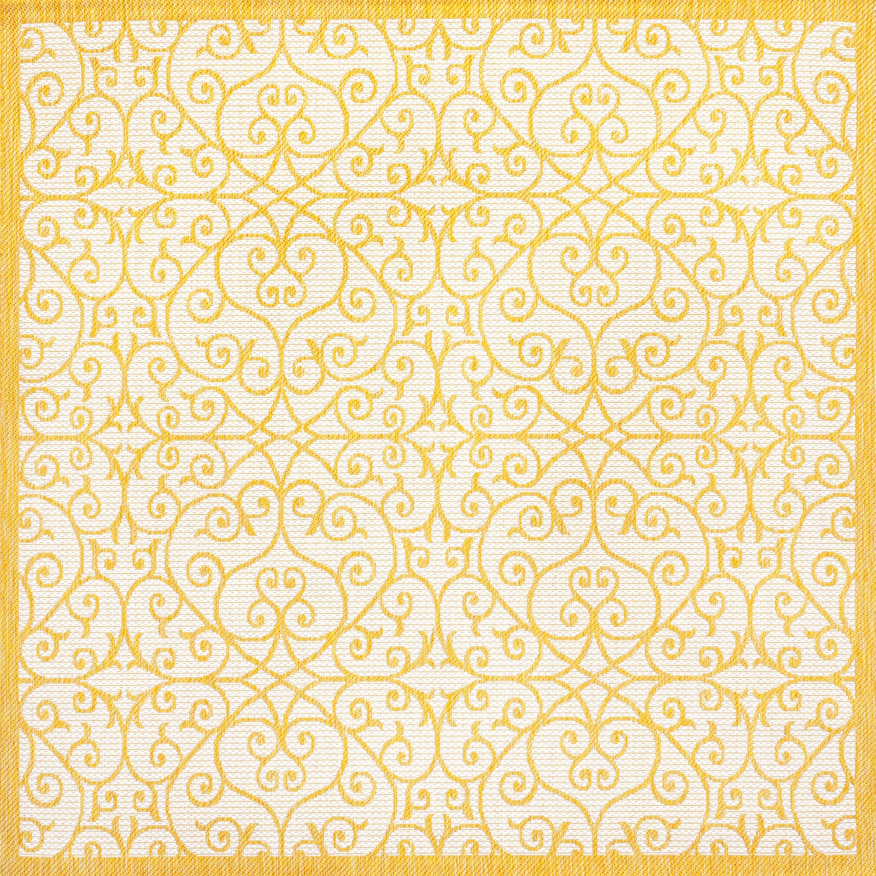 5' x 5' Madrid Vintage Filigree Textured Weave Indoor/Outdoor Area Rug, Cream/Yellow - JONATHAN Y