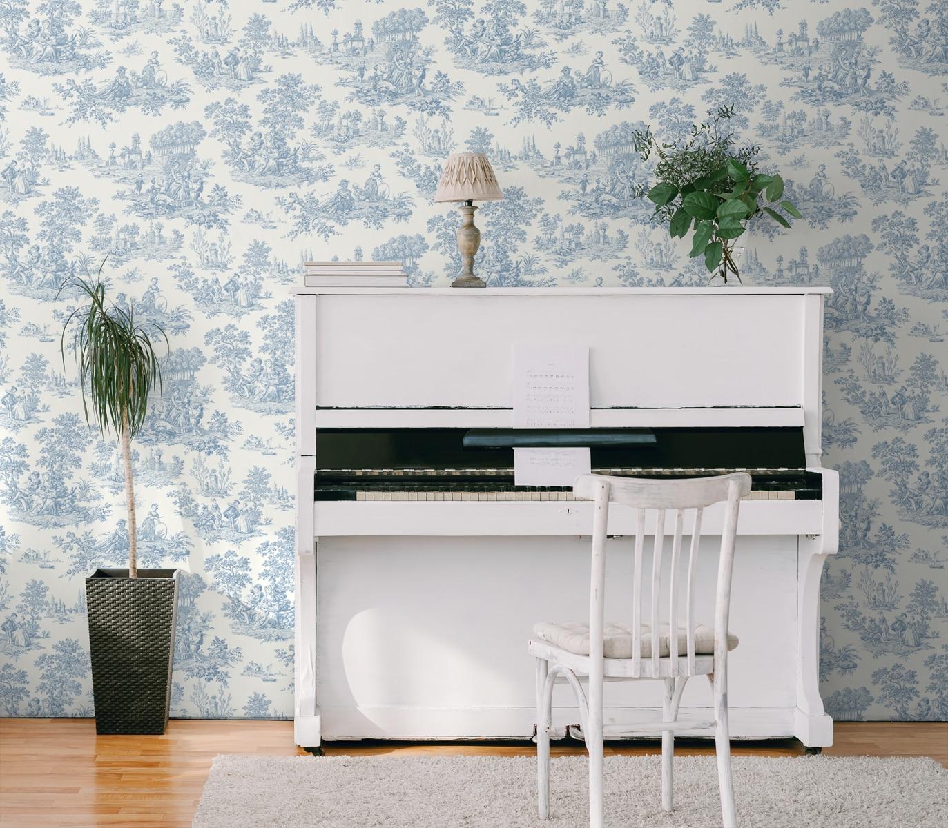 NextWall Chateau Toile Peel and Stick Wallpaper Blue: Removable Vinyl, Self-Adhesive, Traditional Toile Design, 30.75 Sq Ft Coverage