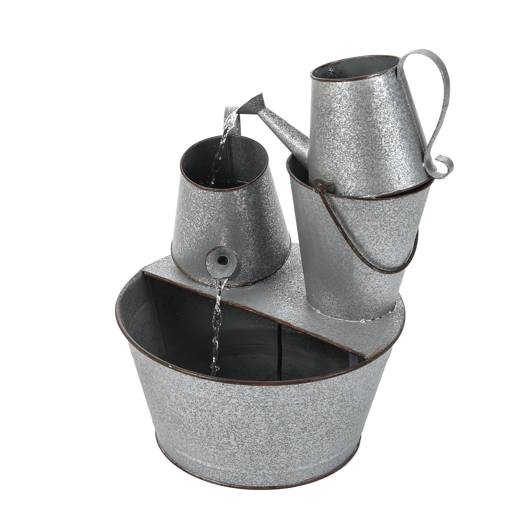 LuxenHome Farmhouse Rustic Metal Pitcher Outdoor Fountain Silver