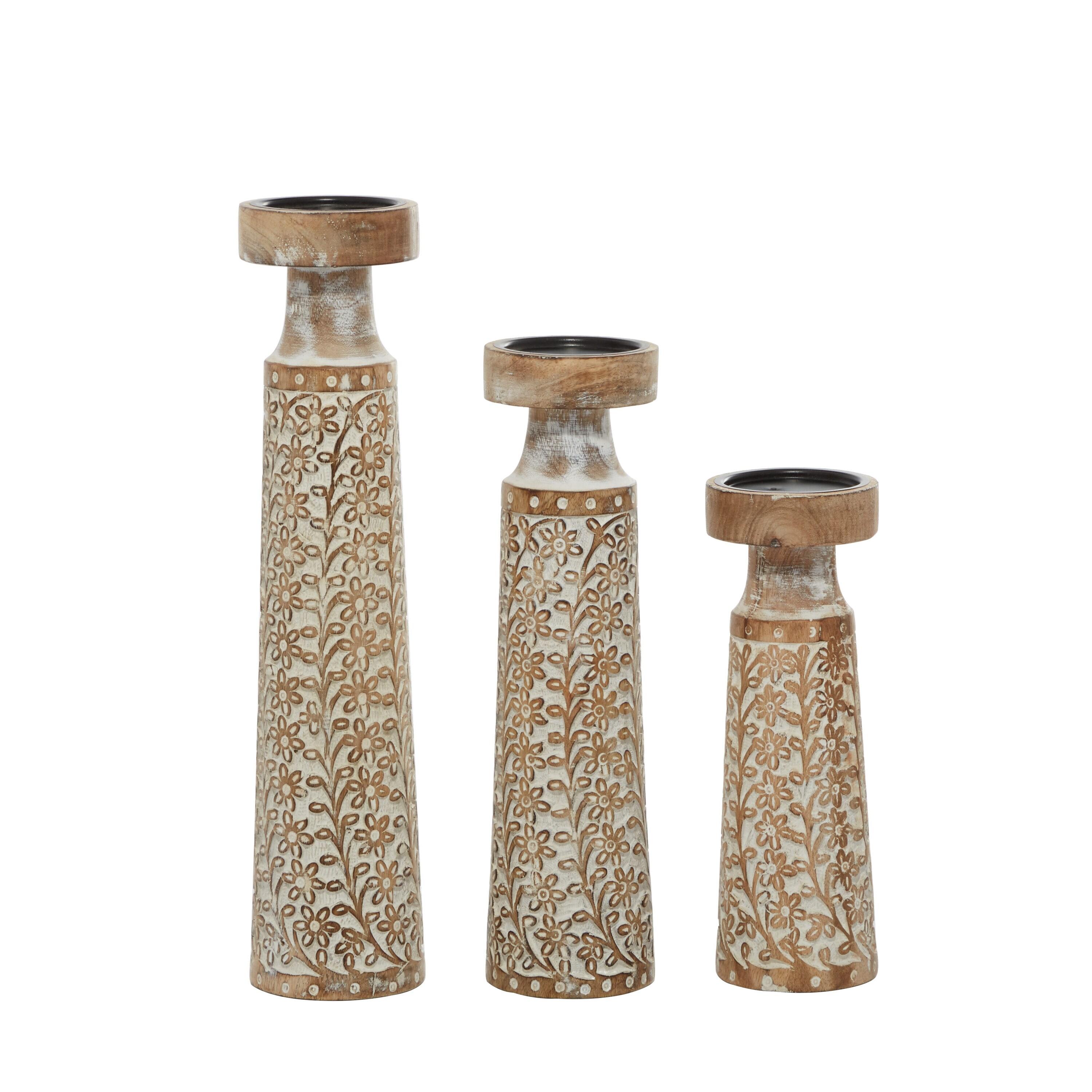 Set of 3 Rustic Cylindrical Mango Wood Candle Holders Off White - Olivia & May: Elegant Tabletop Decor
