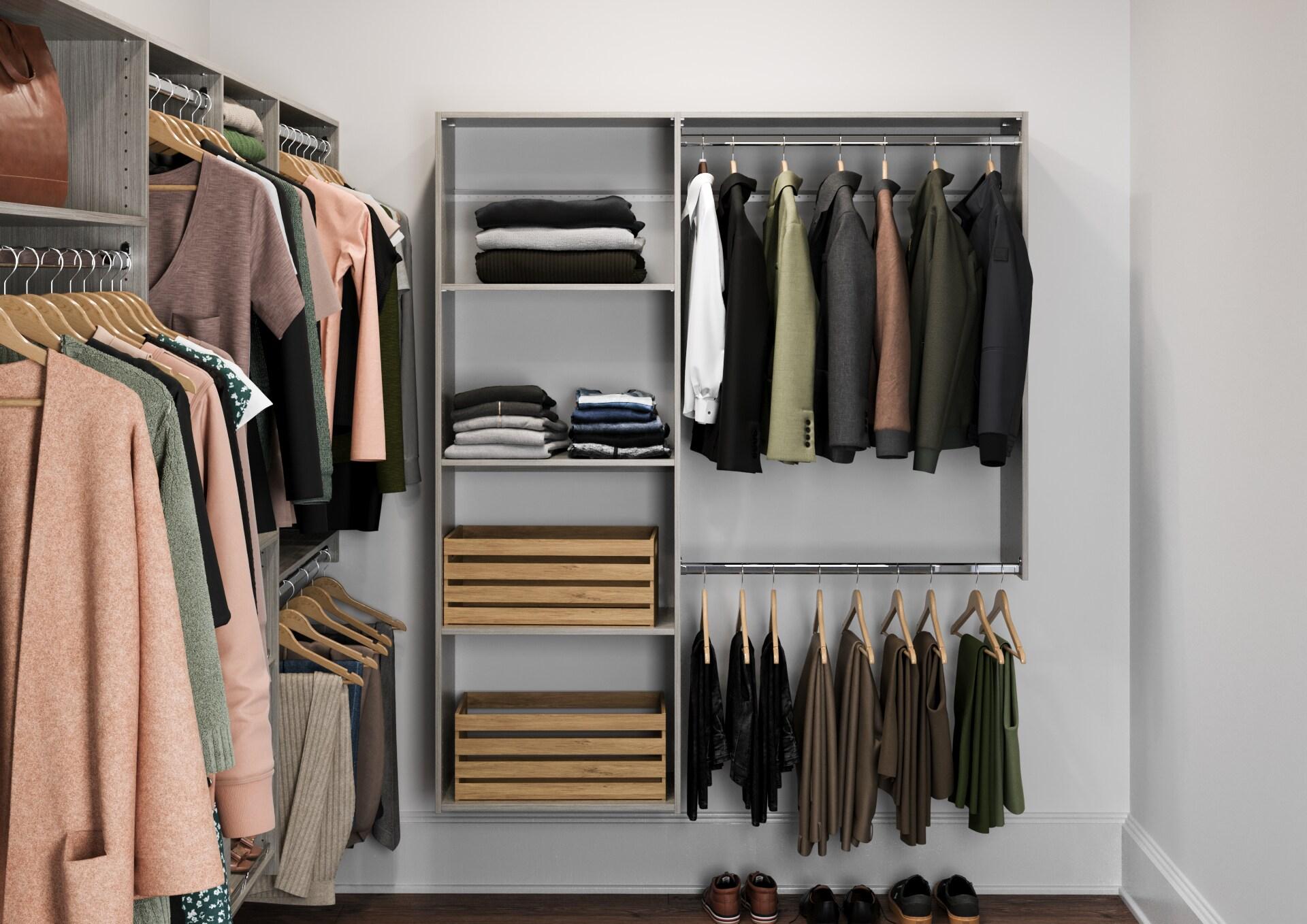 Weathered Grey Medium Wood Closet System with Satin Nickel Hardware