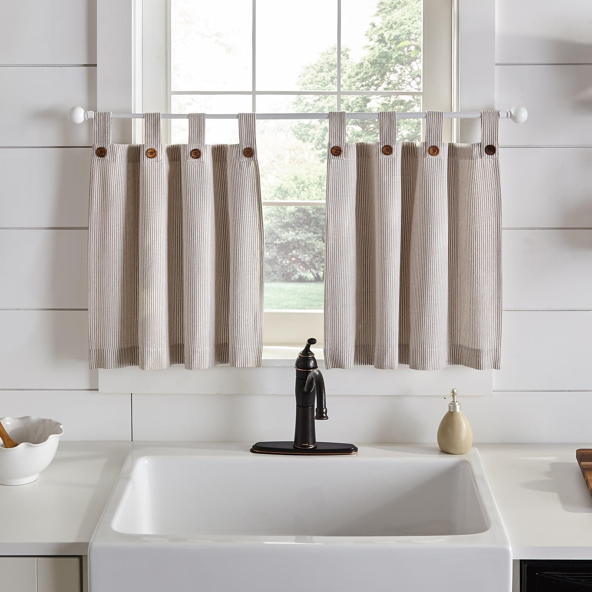 Tucker Ticking Stripe Button Tab Top Window Kitchen Tier Set of 2 - 30" x 24" - Linen - Elrene Home Fashions
