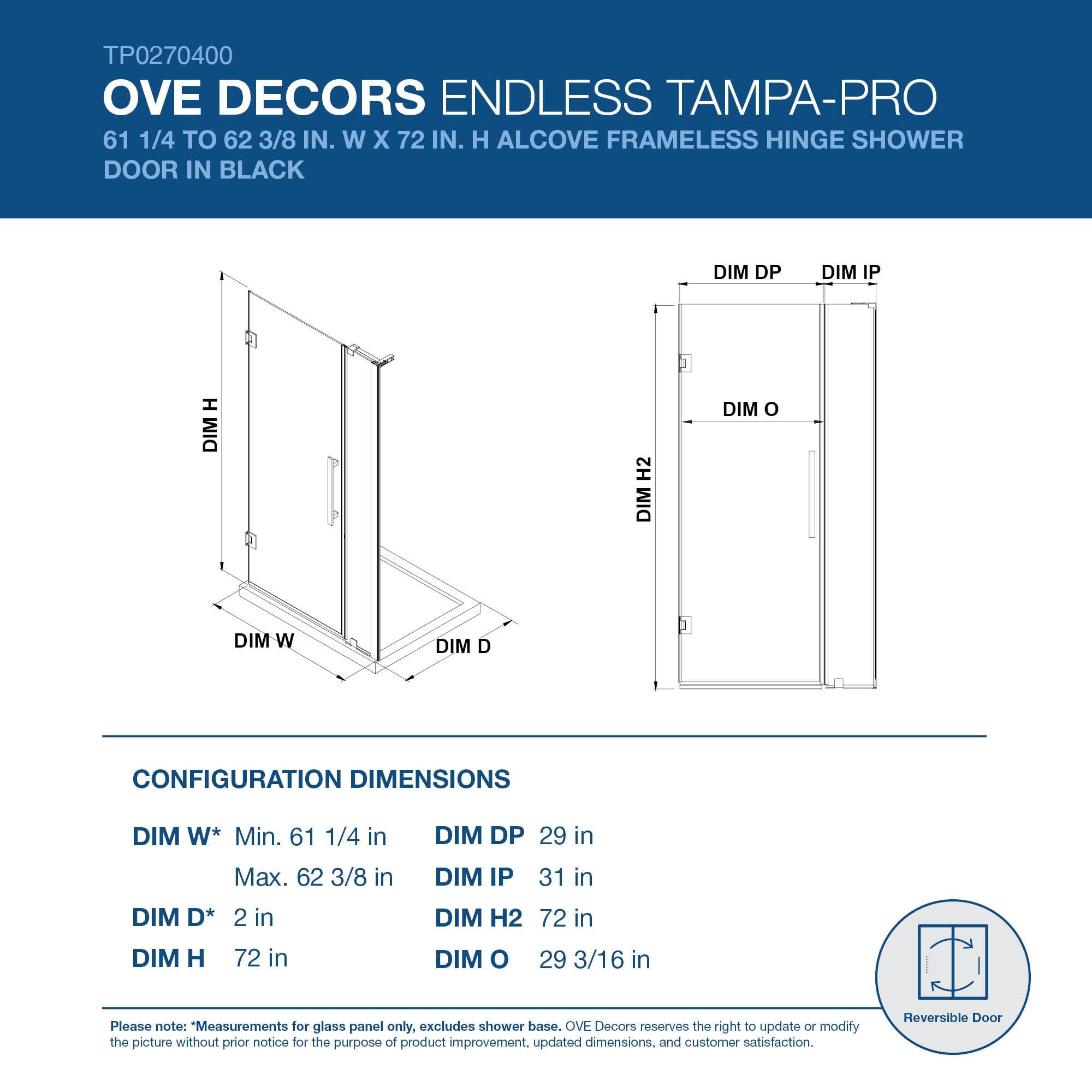 Black Frameless Glass Alcove Hinge Shower Door Kit