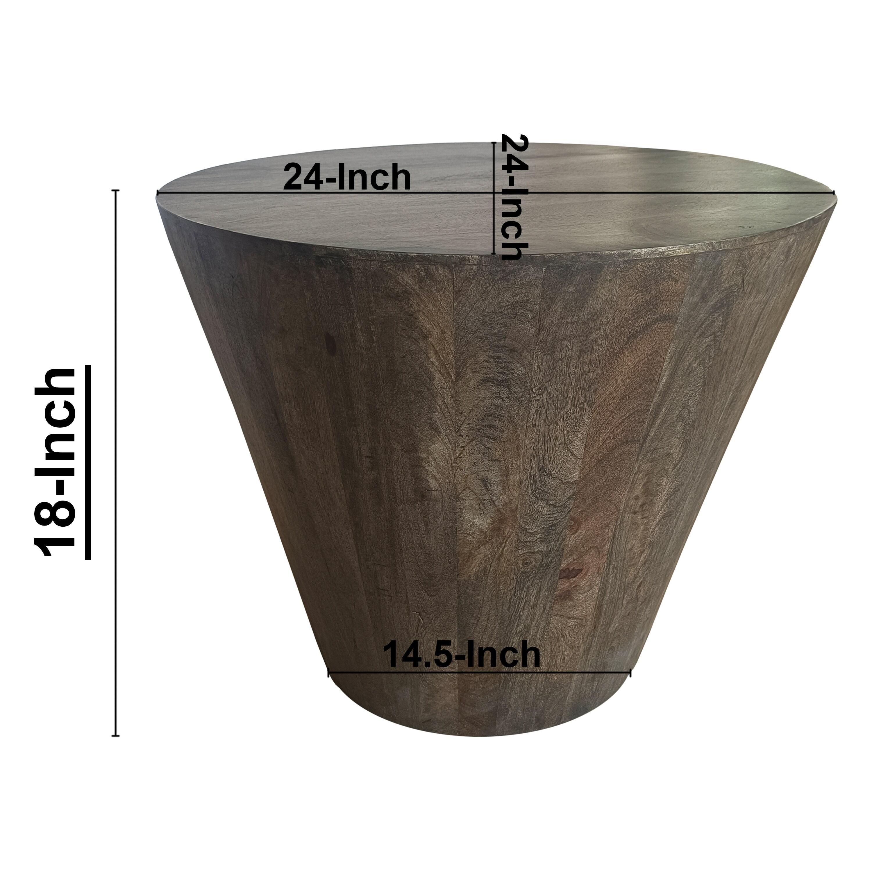 Royal Hampton 24 Inch Side End Table with Round Drum Shape, Handcrafted Mango Wood Construction, Distressed Gray