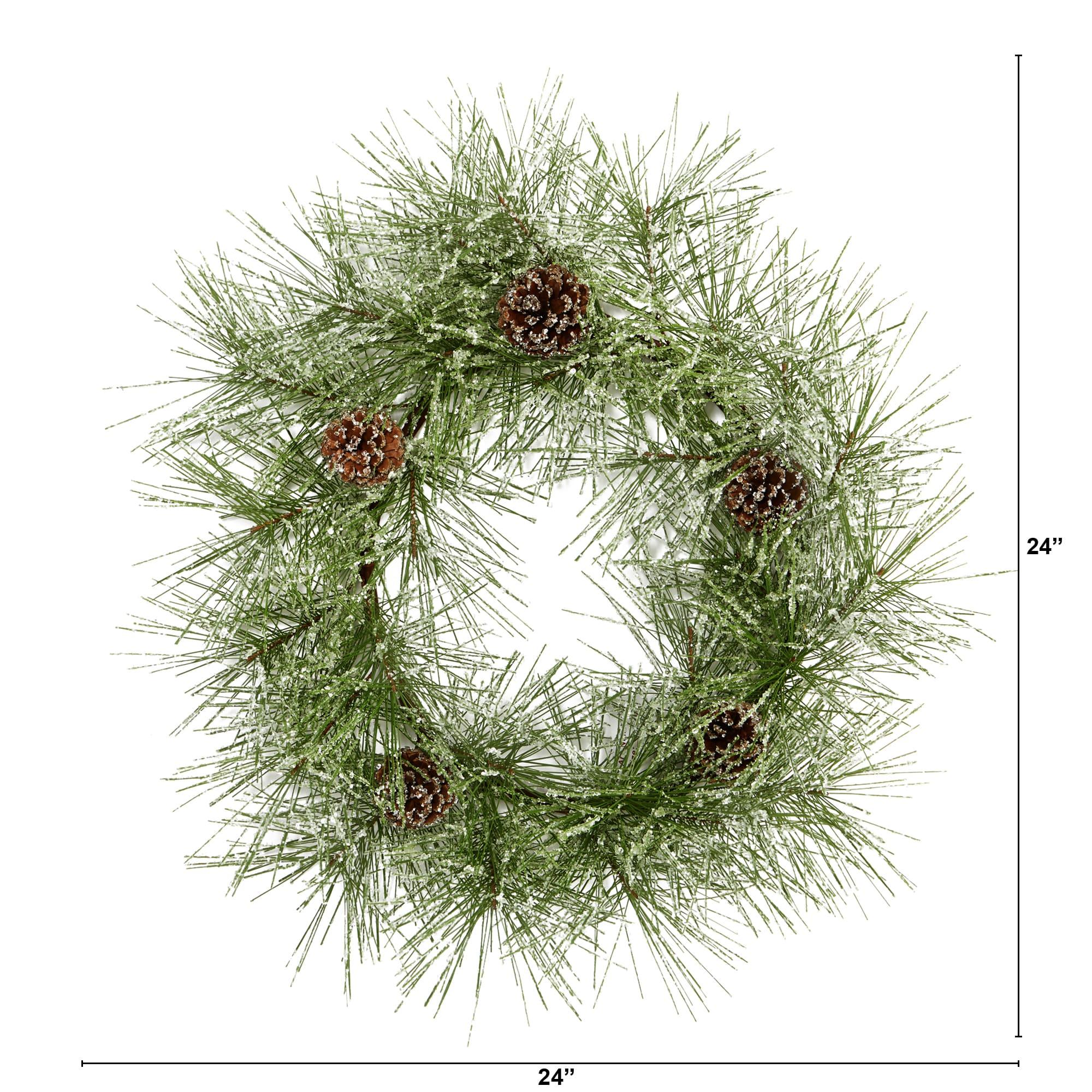 Nearly Natural 24” Iced Pine Artificial Wreath with Pine Cones