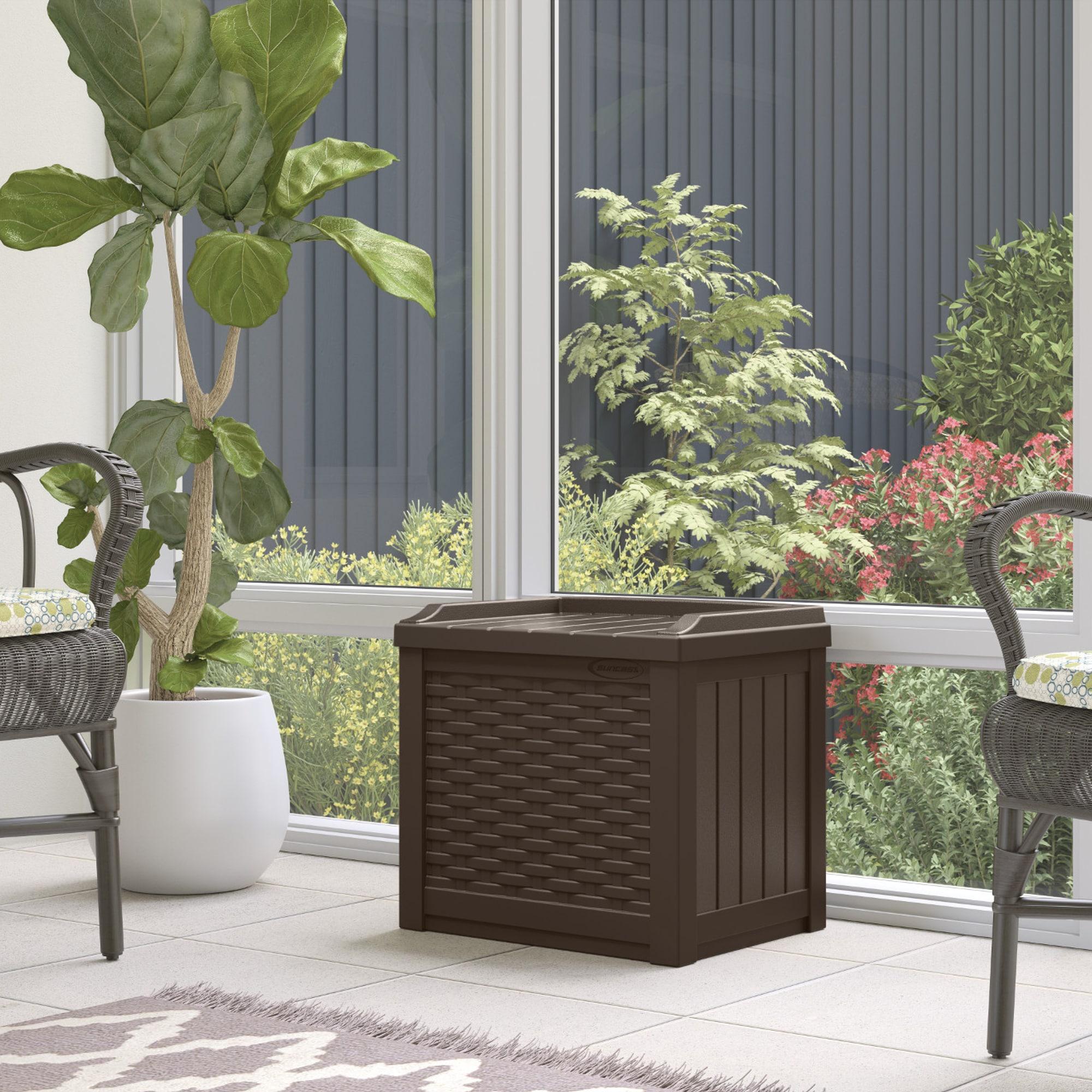 Suncast Suncast Wicker 22 Gallon Water Resistant Resin Deck Box with Storage Seat in Java