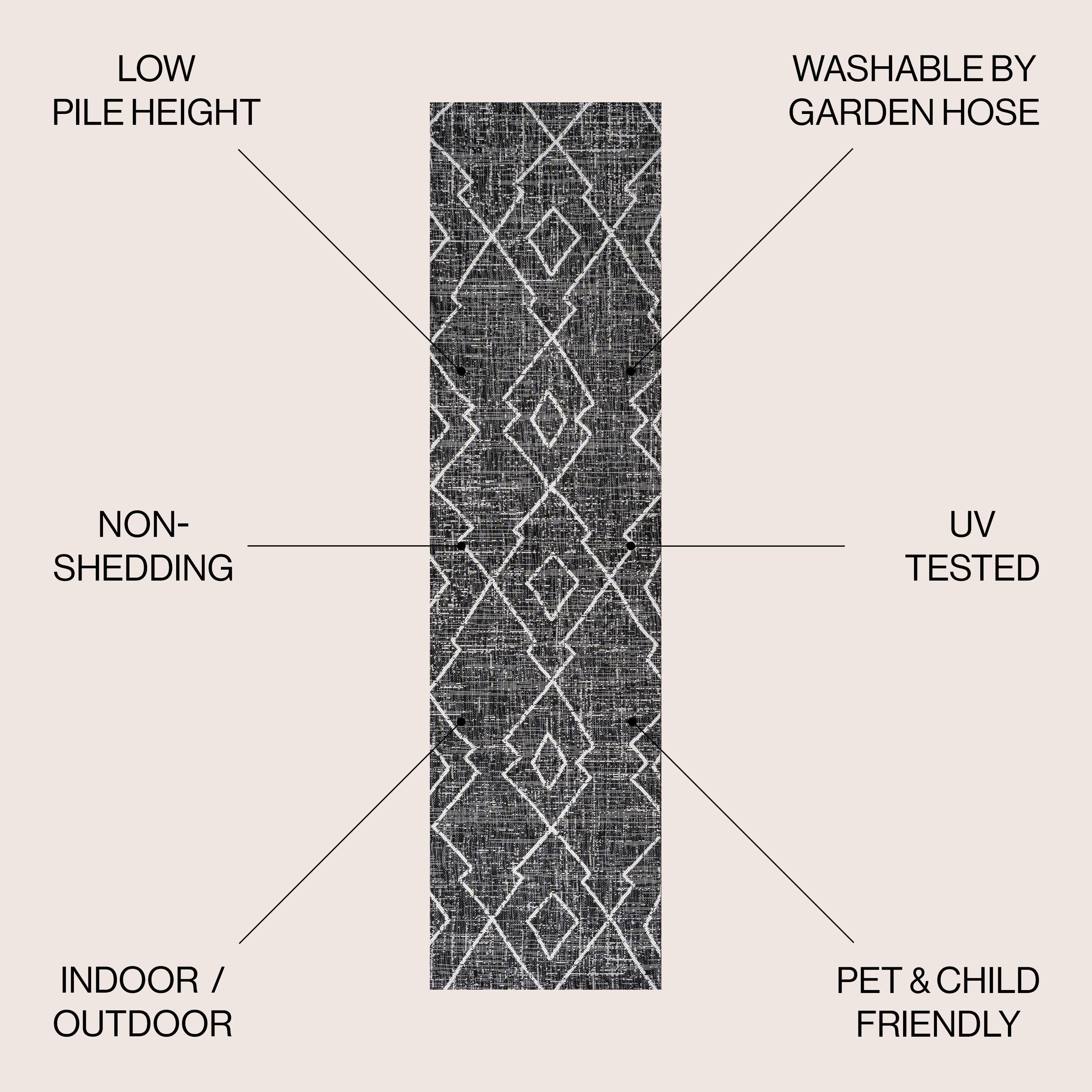 2'x10' Carwa  Diamond Trellis Indoor/Outdoor Runner Rug, Black/Ivory - JONATHAN Y