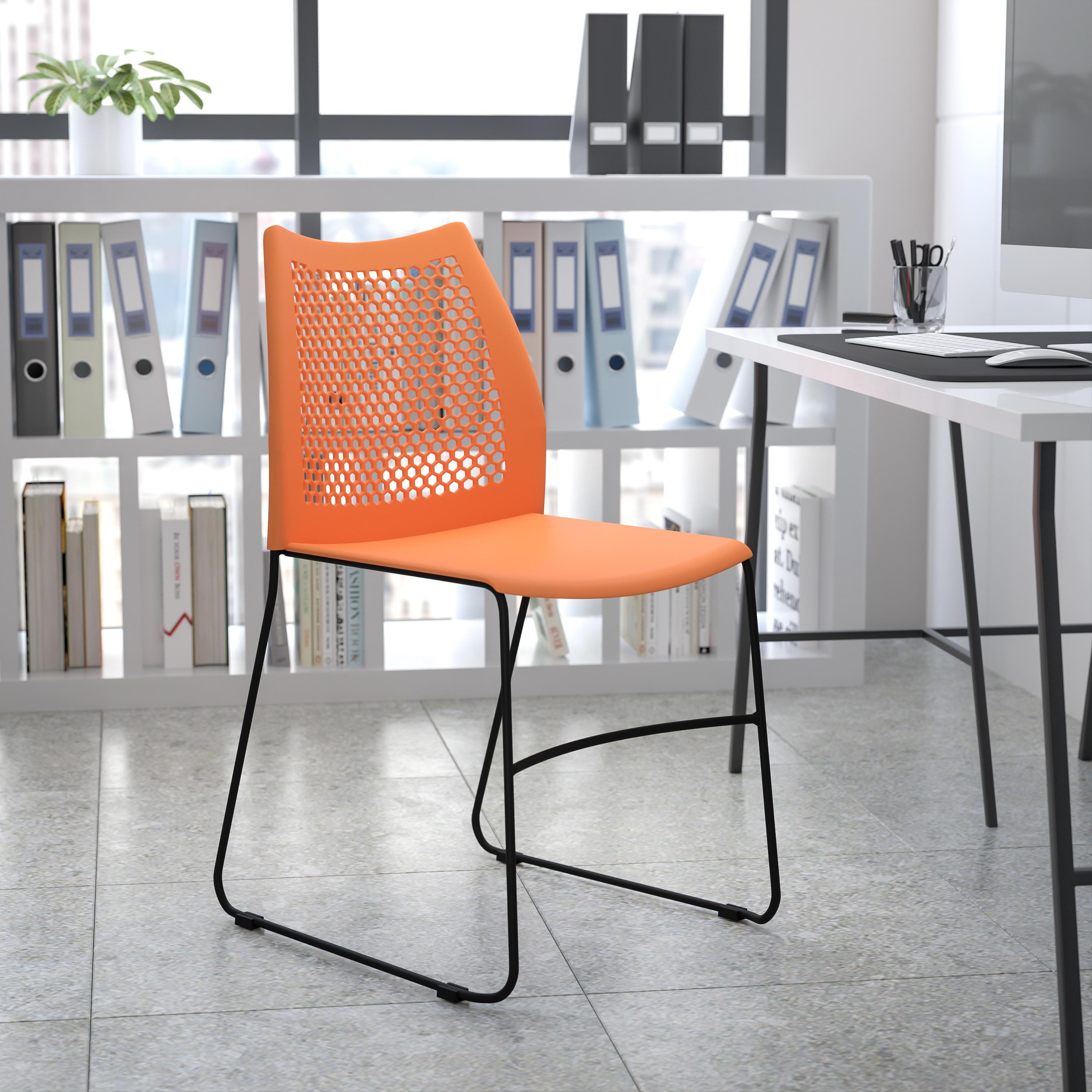 Flash Furniture HERCULES Series 661 lb. Capacity Orange Stack Chair with Air-Vent Back and Black Powder Coated Sled Base