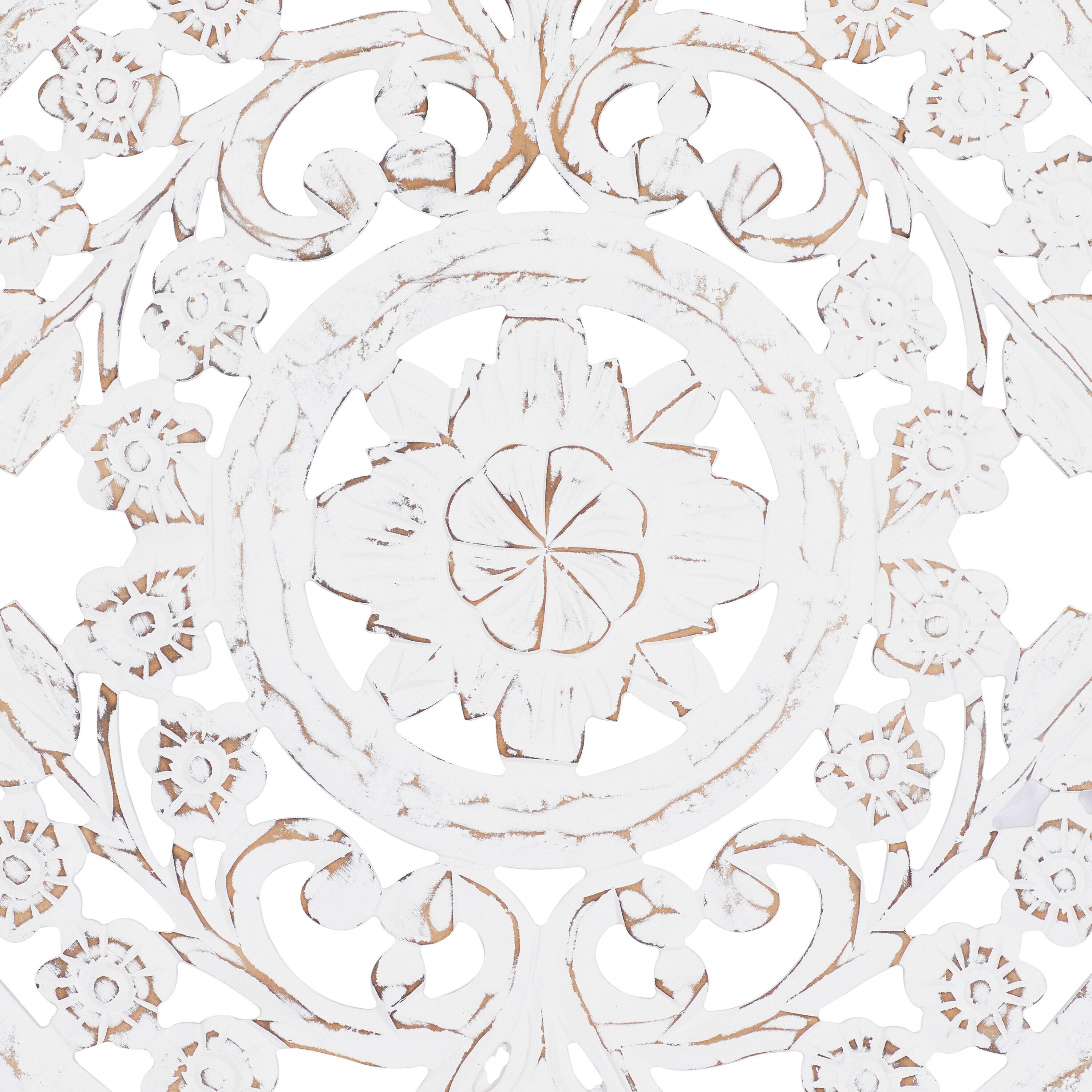 DecMode Traditional Wood Square White Handmade Wall Décor with Carved Mandala Design, 36"W x 36"H