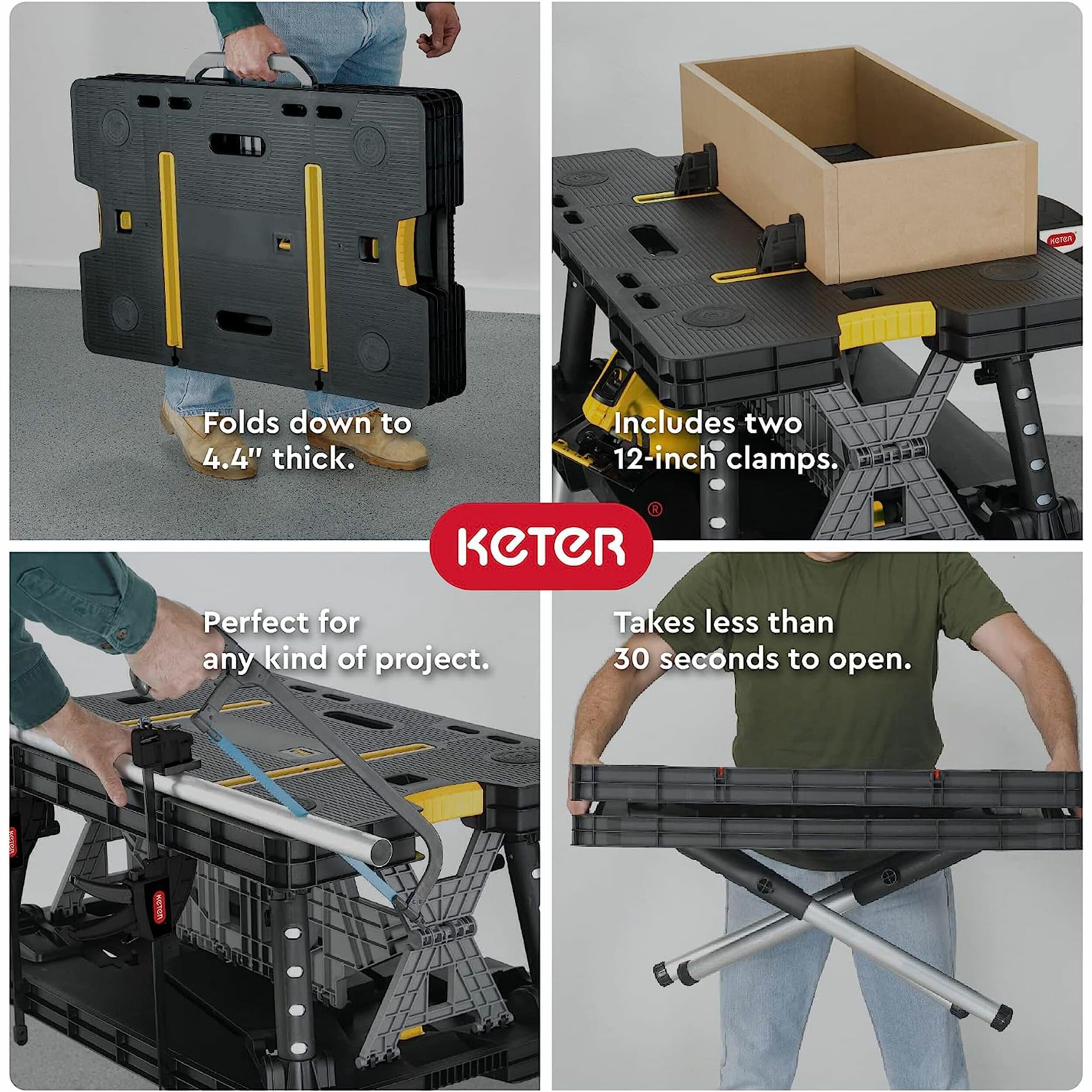 Keter Folding Portable Workbench Sawhorse with (2) 12" Clamps, Black and Yellow
