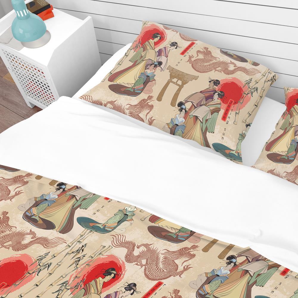 Japanese Geishas & Dragons - Oriental Nature Duvet Cover Set - Microfiber Polyester