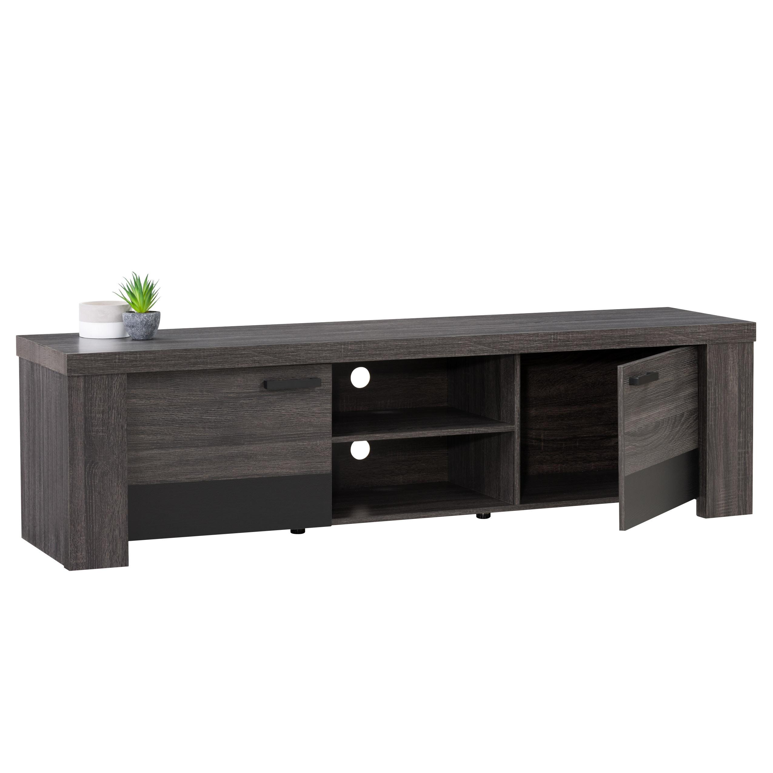 Distressed Carbon Grey and Black Wood TV Stand with Cabinet