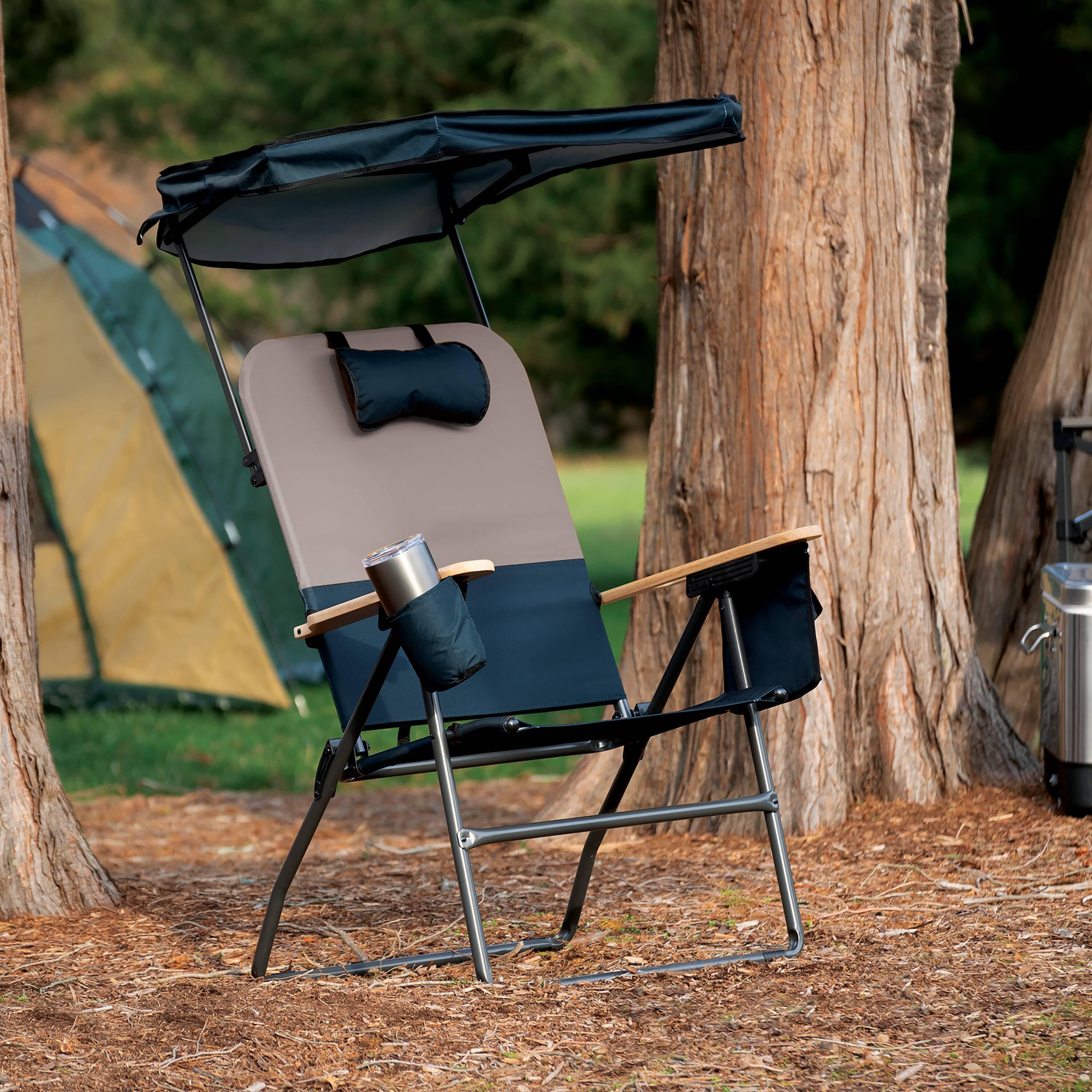 Gray and Black Steel Frame XXL Camping Chair with Wood Arms